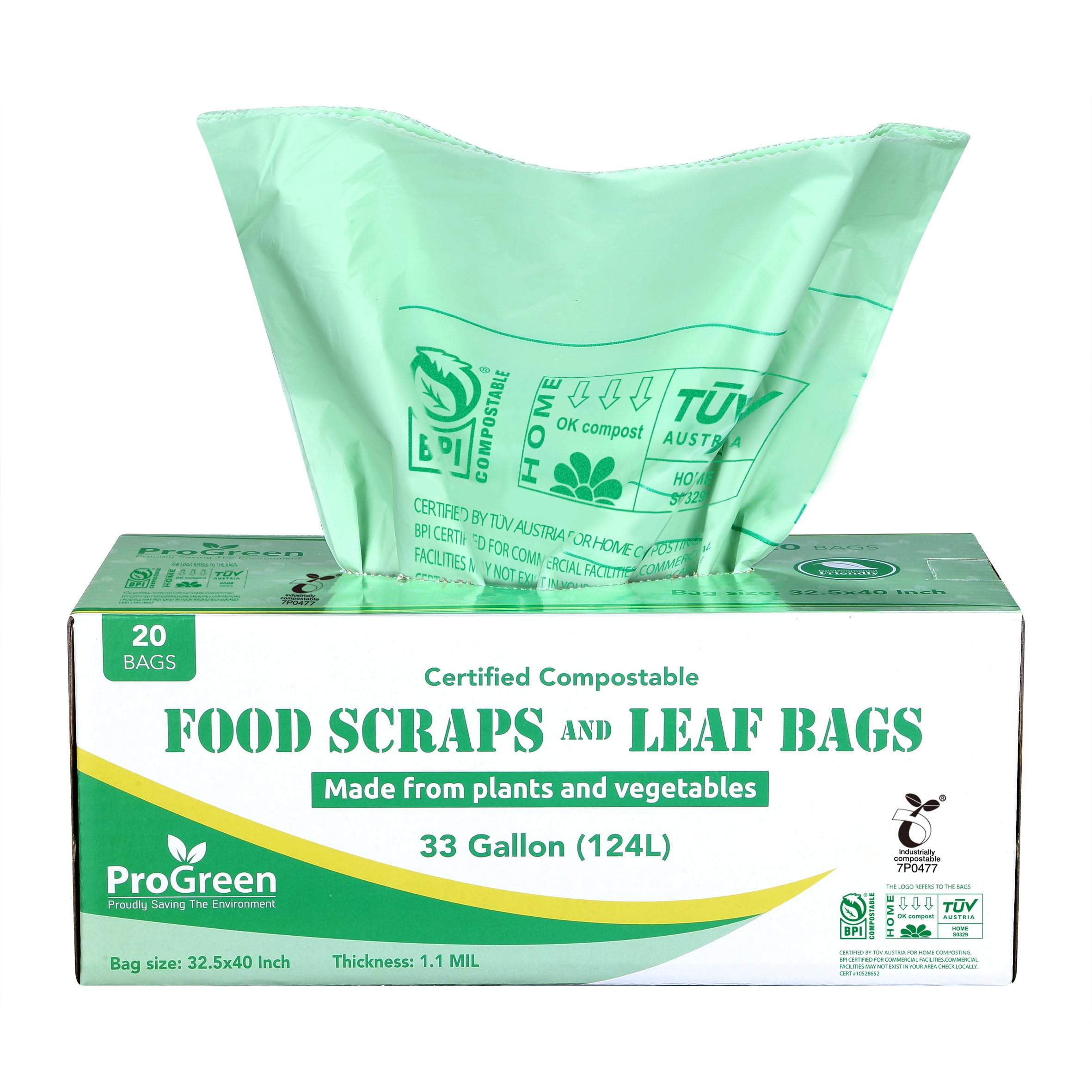 Compost Bags 33 Gallon Compostable Trash Bags, Extra Thick 1.1 Mil, Compost Kitchen Bin Bags, Food Scraps Yard Waste Bags, ASTM D6400 BPI & TÜV AUSTRIA Certified