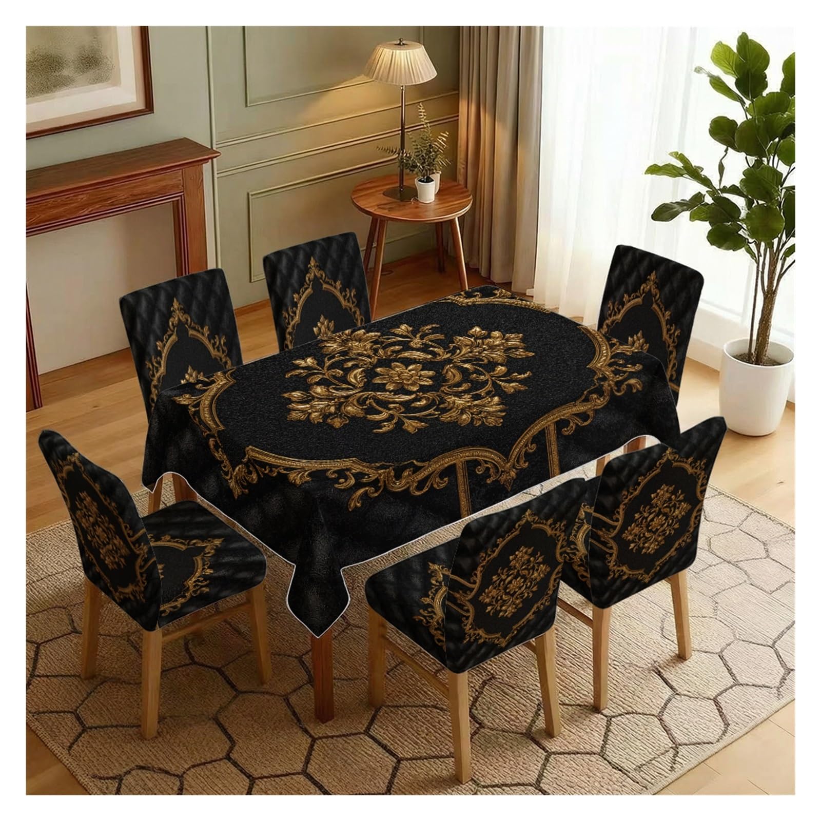 BOSUYBN Black Gold Baroque Floral Dining Tablecloth & Chair Covers Set, 5/7 Piece Luxury Vintage Elegant Home Decor Table Setting(7pcs Set: Tablecloth+Chair Covers)