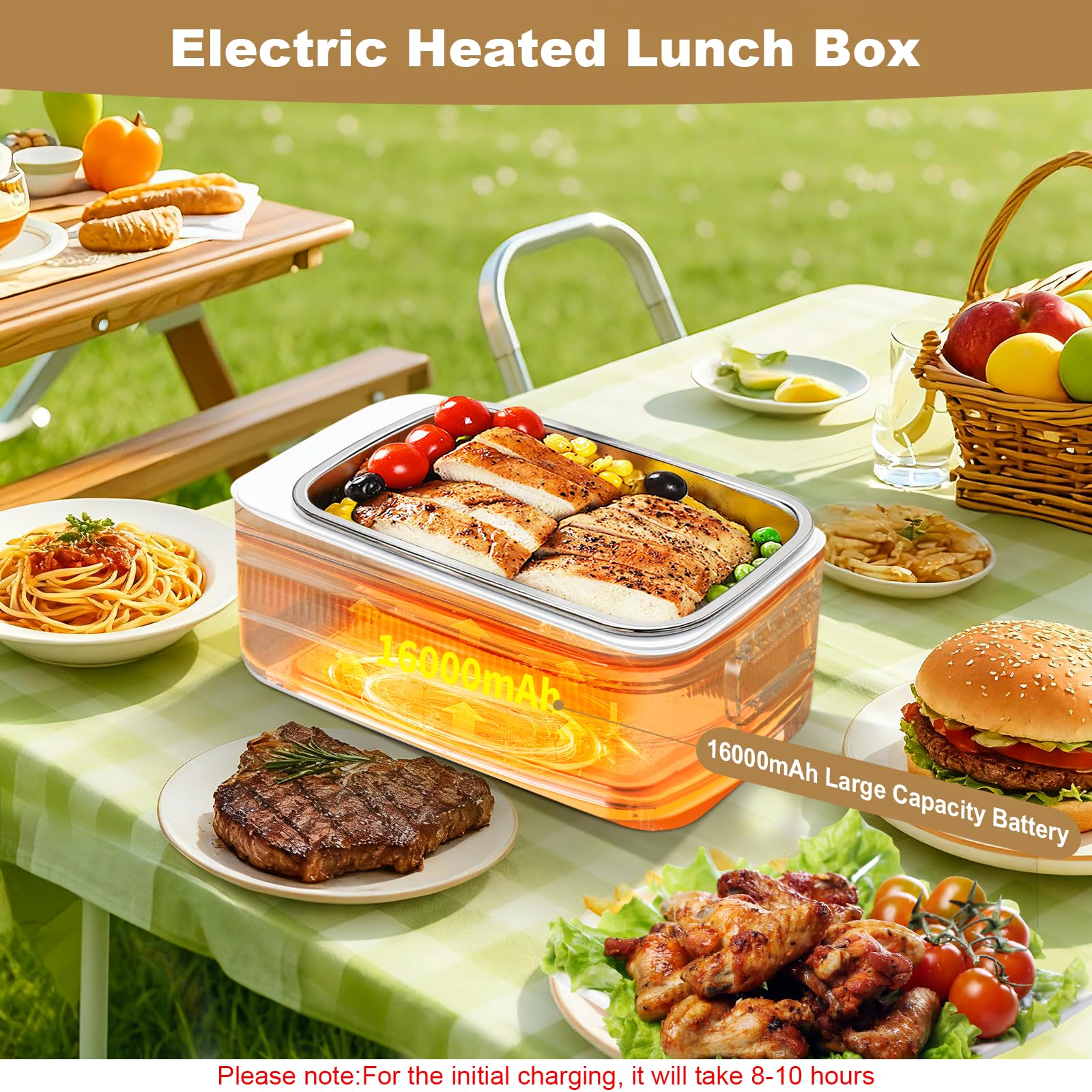 16000mAh Tragbare Elektrische Lunchbox mit Timer und 6 Temperaturstufen | Kabellose Beheizte Lunchbox mit 1L Herausnehmbarer Edelstahl Innenfutter,Digitalanzeige,für Auto/Büro/Schule/Picknick/Outdoor