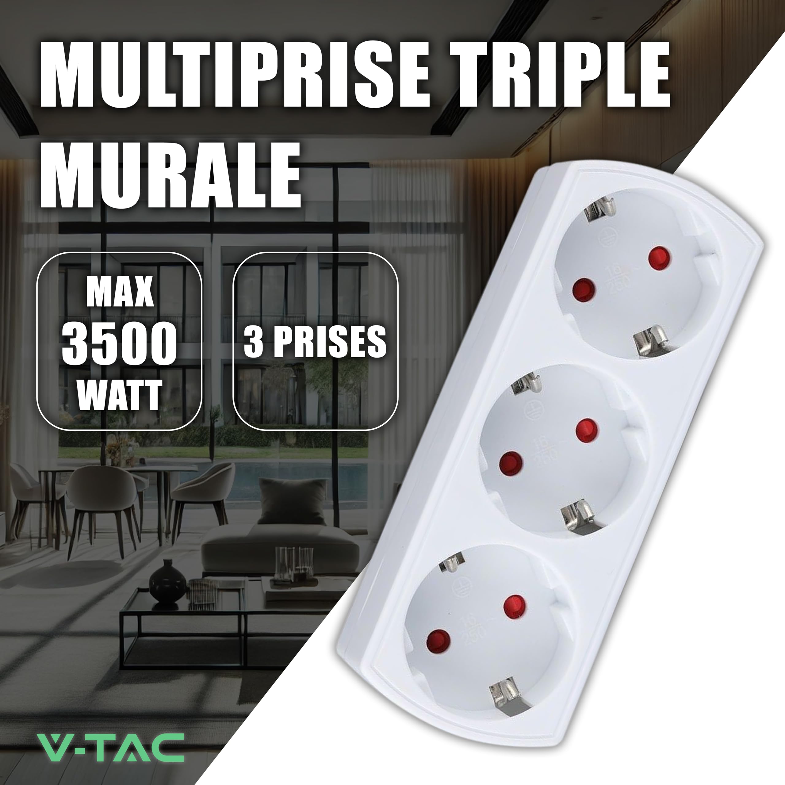 V-TAC Adaptador Múltiple 3 ENCHUFES - Enchufe de Pared 3 Tomas de Corriente 16A Shuko para el Hogar, Oficina, Tienda, Garaje, Cocina - Regleta Múltiple 3 Enchufes - 250V Compacta y Práctica — view 2