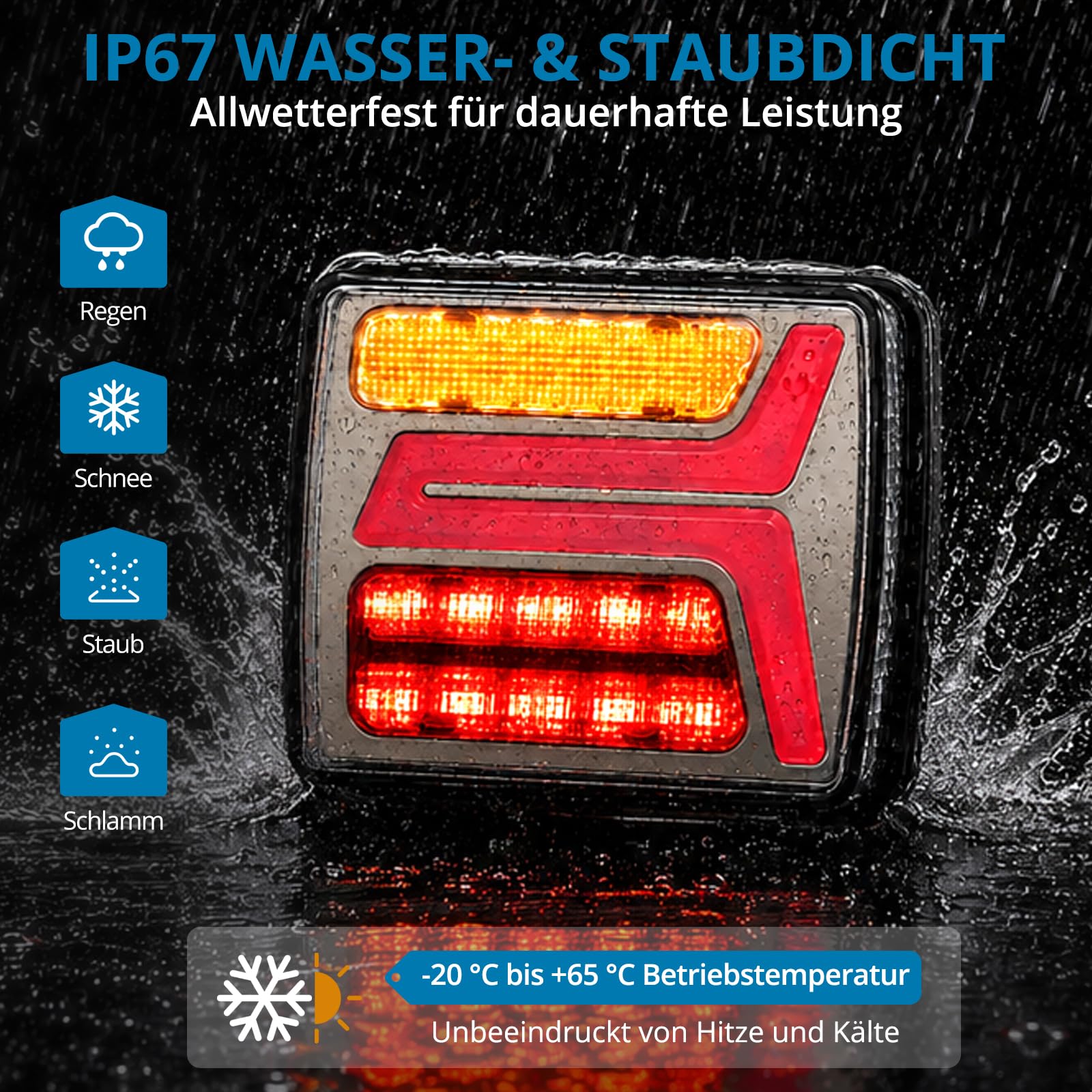 AUTOUTLET LED Rückleuchten Anhänger kabellos 100m Funkreichweite, 12V-24V Rücklichter mit 7 Pin Stecker & 5 Funktion inkl. Kennzeichenleuchte, IP67 Wasserdicht 12H-Akkulaufzeit, für LKW PKW Wohnwagen