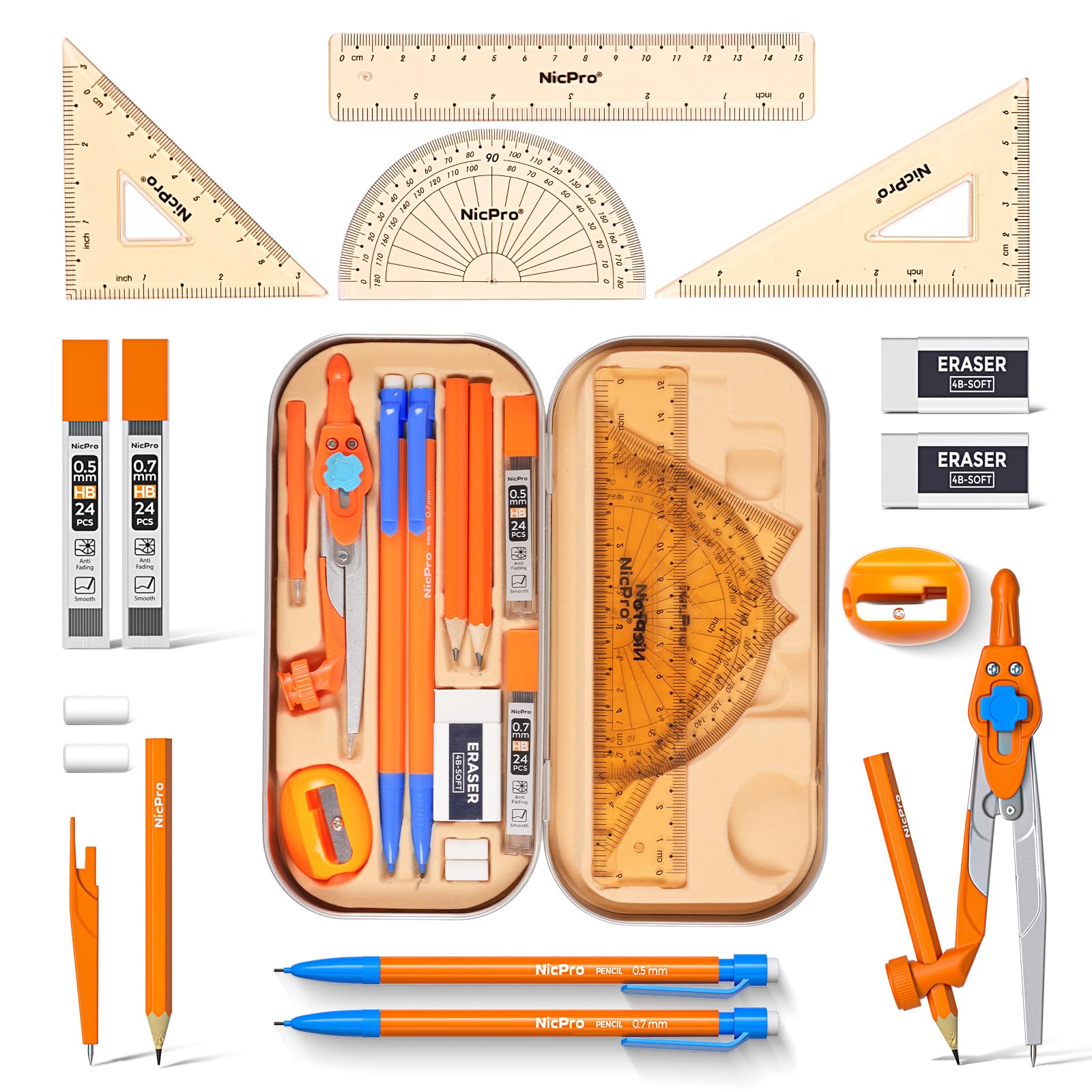 Nicpro 17 PCS Geometry Set, Protractor and Compass Set for School Students | Metal Case,…