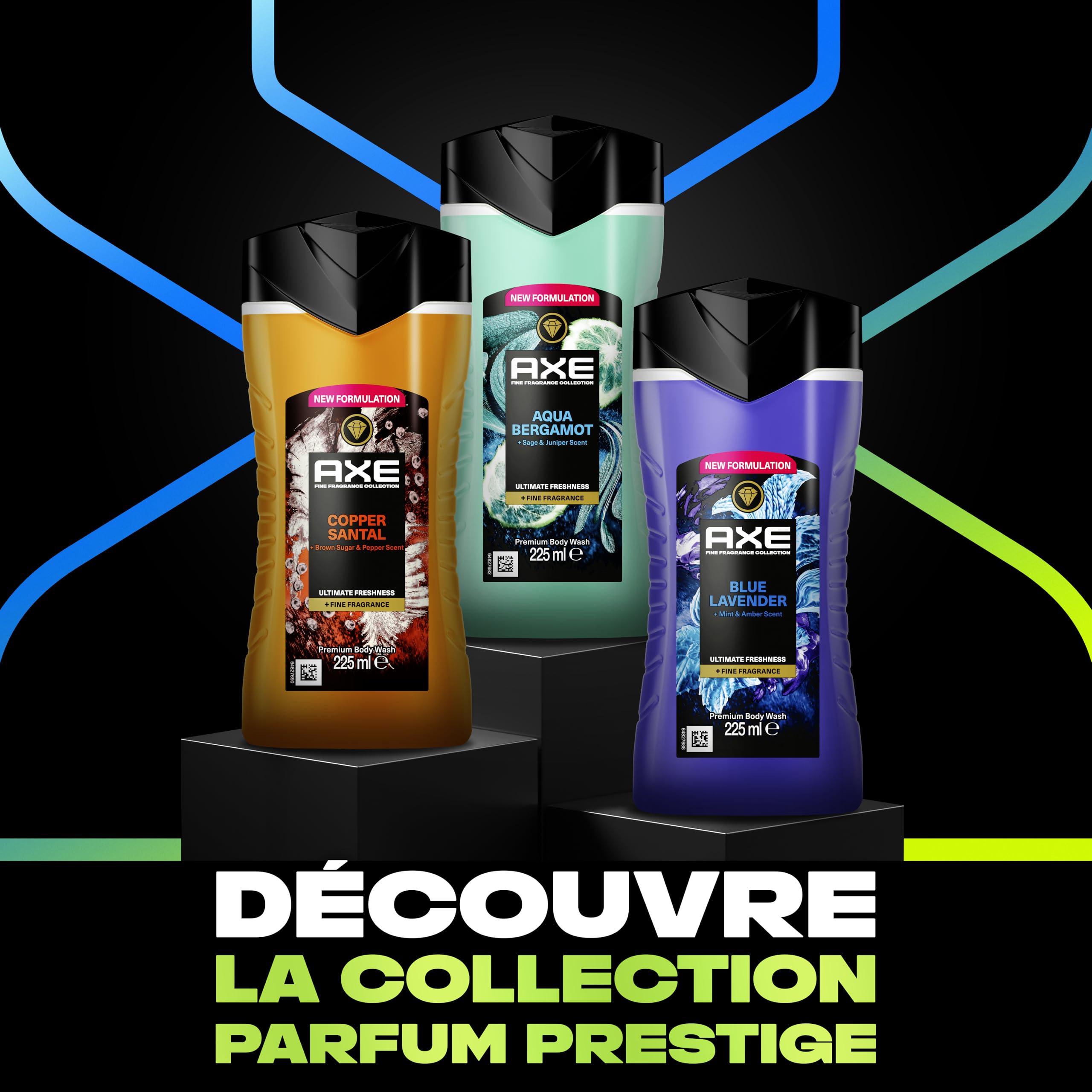 AXE - Gel Douche - Collection Prestige - Aqua Bergamot - 12h de fraîcheur - Parfum infusé aux huiles essentielles de bergamote et sauge - Agents hydratants 100% d’origine végétale - lot 12x225ml