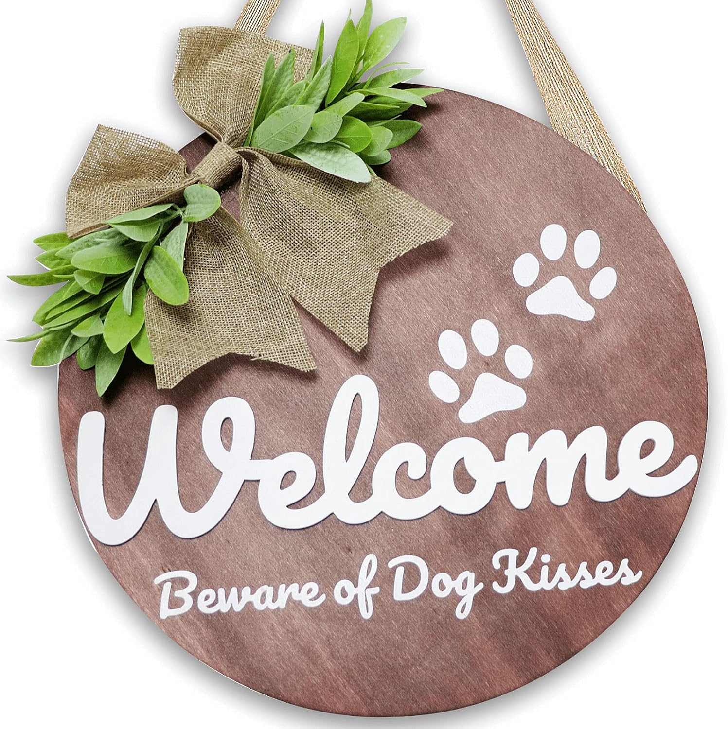 Welcome Sign Front Door Decor - Beware of Dog Kisses Welcome Wreaths for Front Door with bow stapled on, Round Front Porch Decor with 3D Letter Design, Rustic Farmhouse Wall Hanging Door Decoration