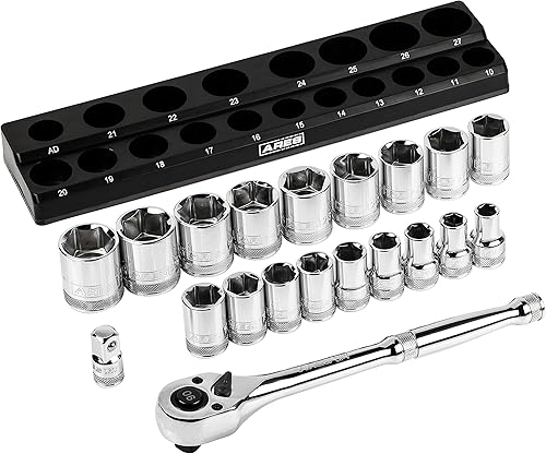 ARES 47005-Juego de llaves métricas de 12 pulgadas y trinquete de 90 dientes con organizador magnético, tamaños de enchufes de 0.394in a 1.063in