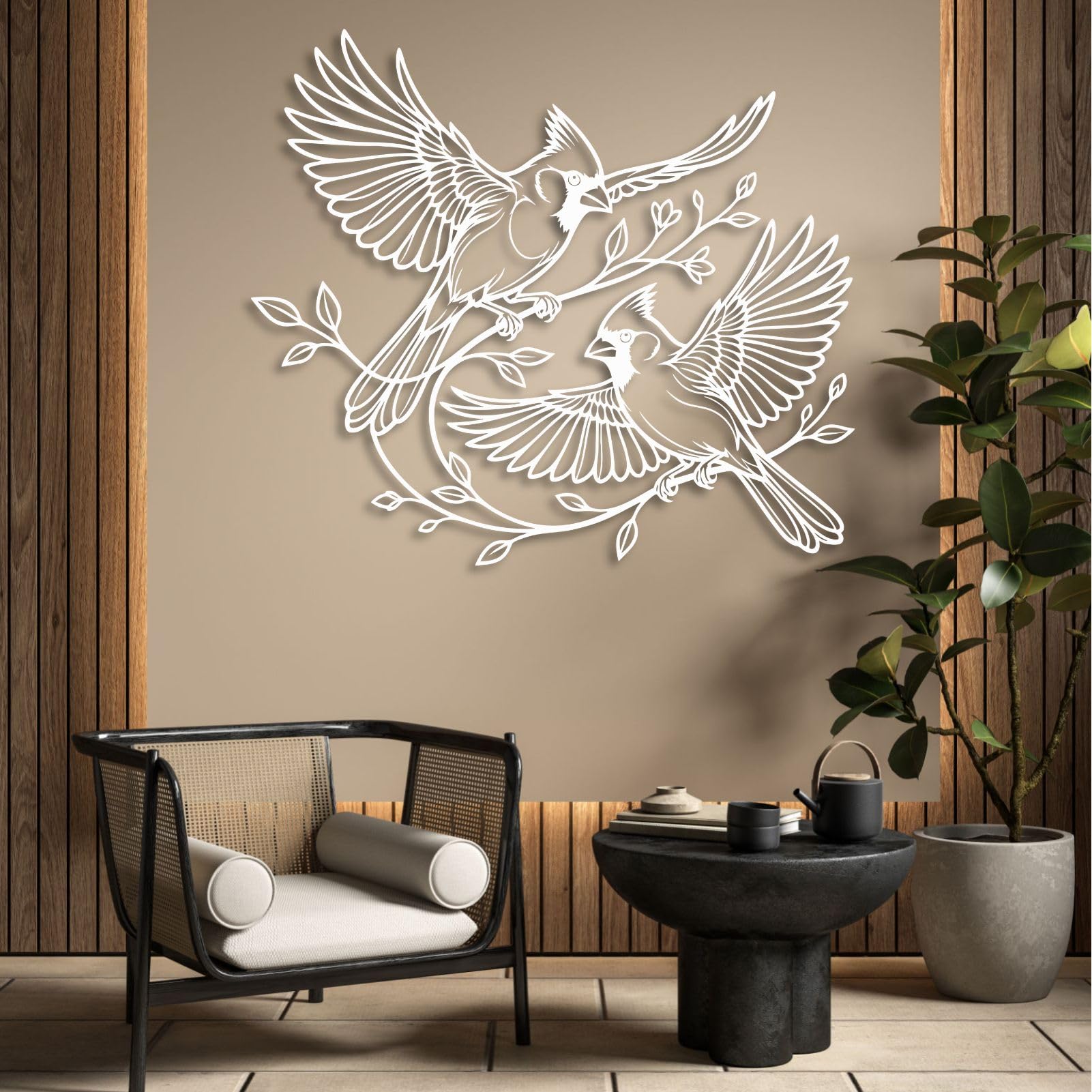 Schwarze Kardinäle als Wanddeko aus Metall, rustikales Wandbild mit Zwei Kardinälen aus Metall, Moderne Vogelskulptur für Wohnzimmer, Schlafzimmer, Flur und Treppenhaus (Silber, 48 cm breit)