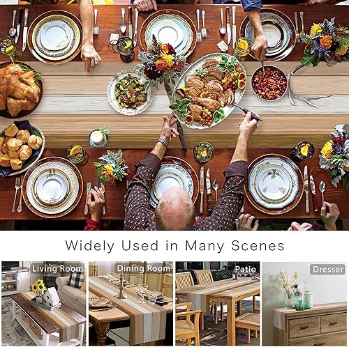 Miniatura 58 de Camino de mesa de algodón y lino estilo granja rústico retro, textura de madera de granero, color degradado marrón y gris, antideslizante,