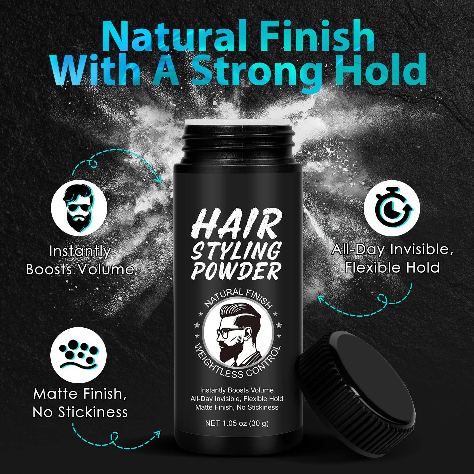 Poudre de volume pour cheveux pour homme, 30 g, texture powder, poudre coiffante, volume des cheveux avec effet mat, tenue longue durée, facile à appliquer, non grasse, poudre pour cheveux pour hommes