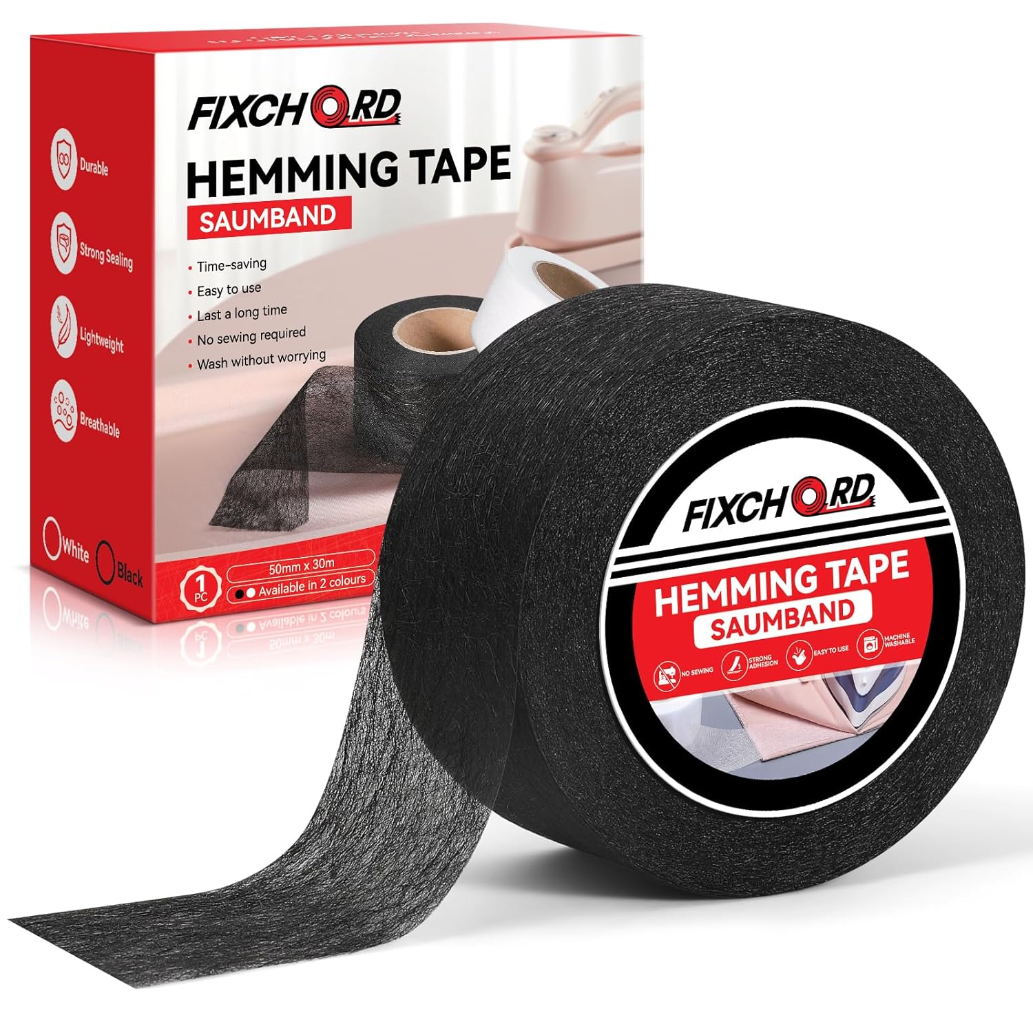 Hem Tape, Hem Tape for Iron-on, Ironing Tape for Shortening for Curtains, Ironing Adhesive for Textiles, Shorten Curtains without Sewing (Black, 30 m x 50 mm)
