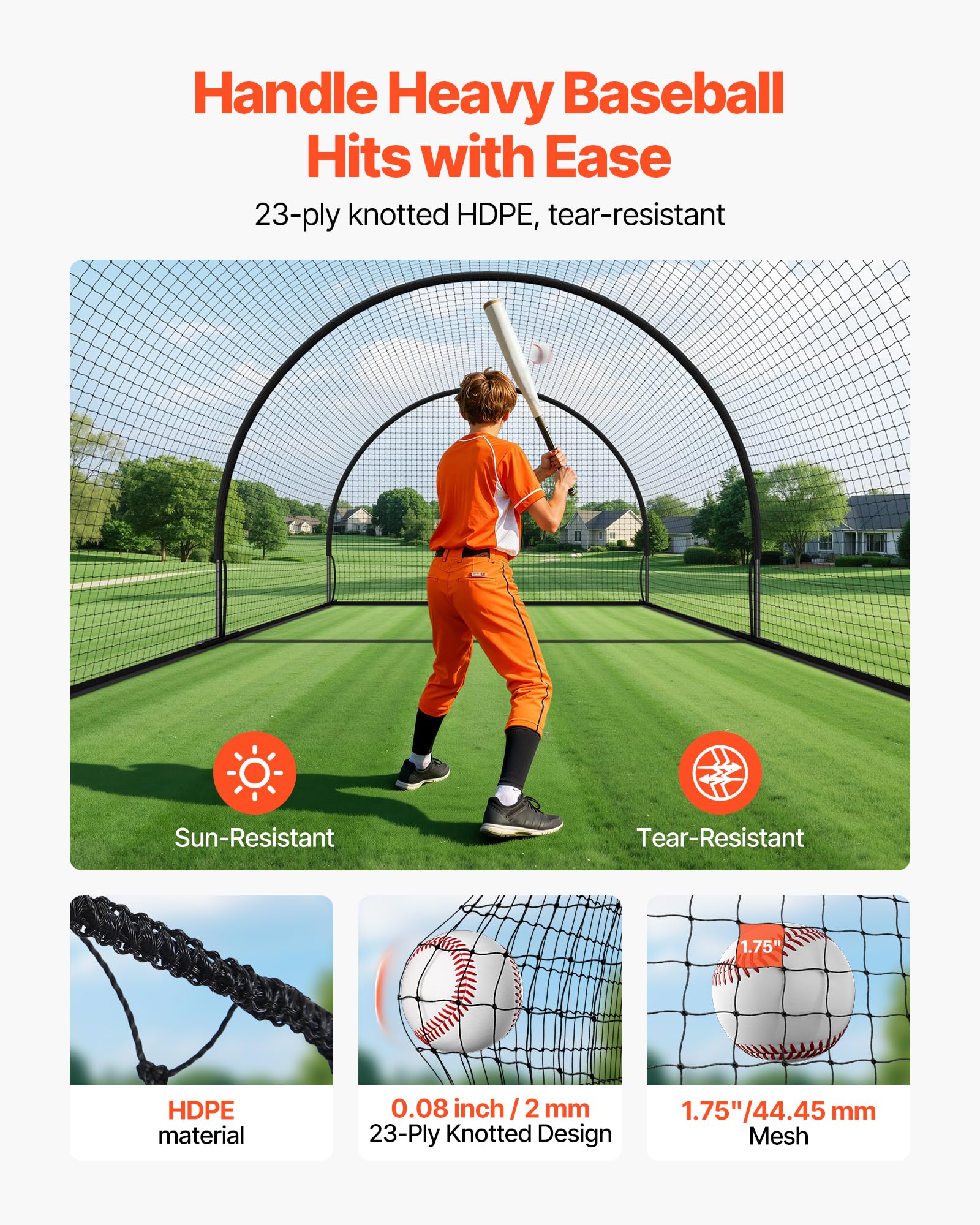 VEVOR Gabbia da Battuta Pop-Up di Baseball 6060 x 3660 x 2500 mm, Gabbia da Battuta Portatile Indipendente con HDPE Annodato a 30 Strati e Apertura per Macchina da Lancio, per Interni ed Esterni