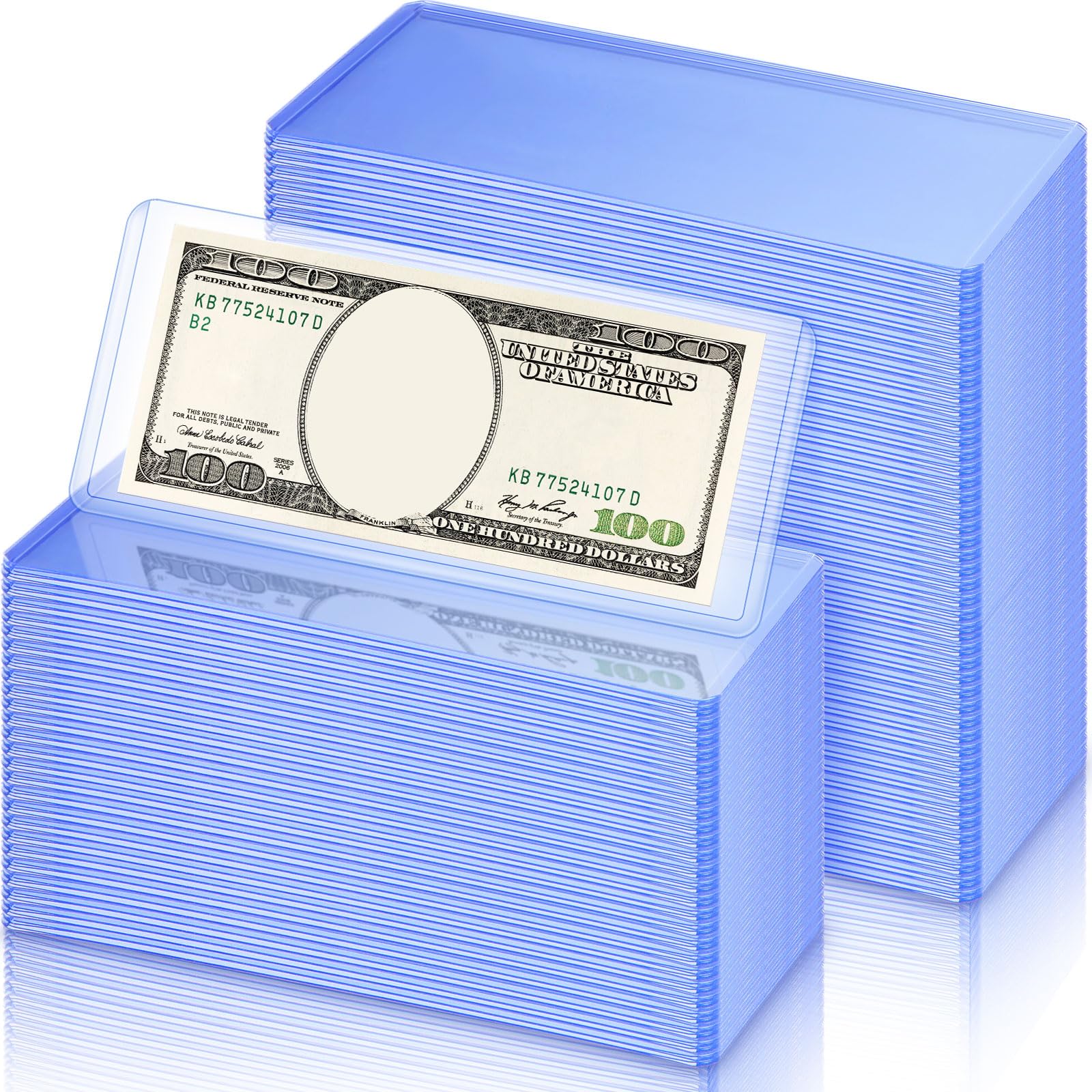 Yexiya 300 Pcs Dollar Bill Holders PVC Currency Holder Transparent Bill Sleeves Protector Case Supplies, 6.9 x 2.95 Inch (Blue)