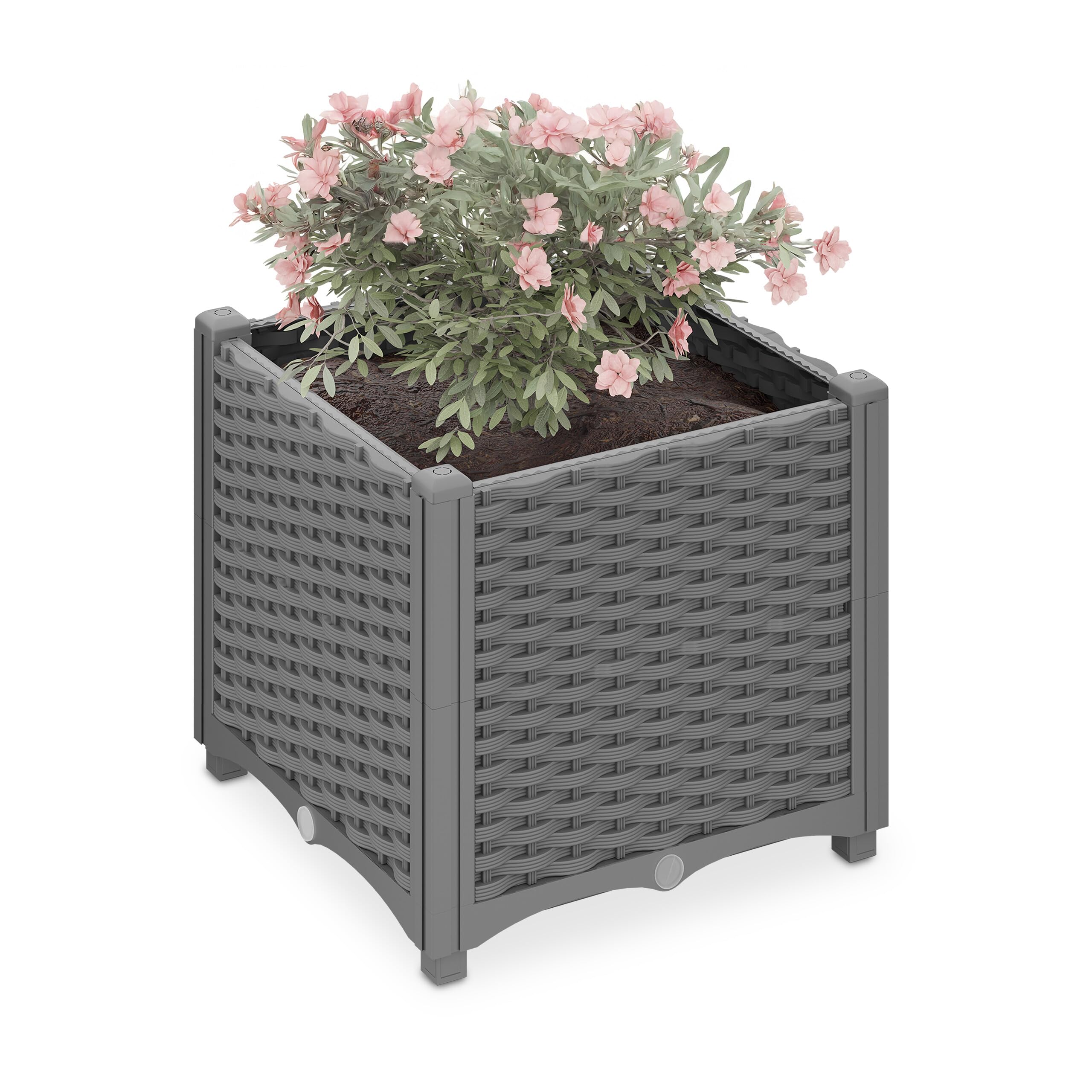 Relaxdays Pflanzkübel, Rattan-Optik, HBT: 38x40x40 cm, Garten, Balkon & Terrasse, Blumenkübel mit Wasserspeicher, grau