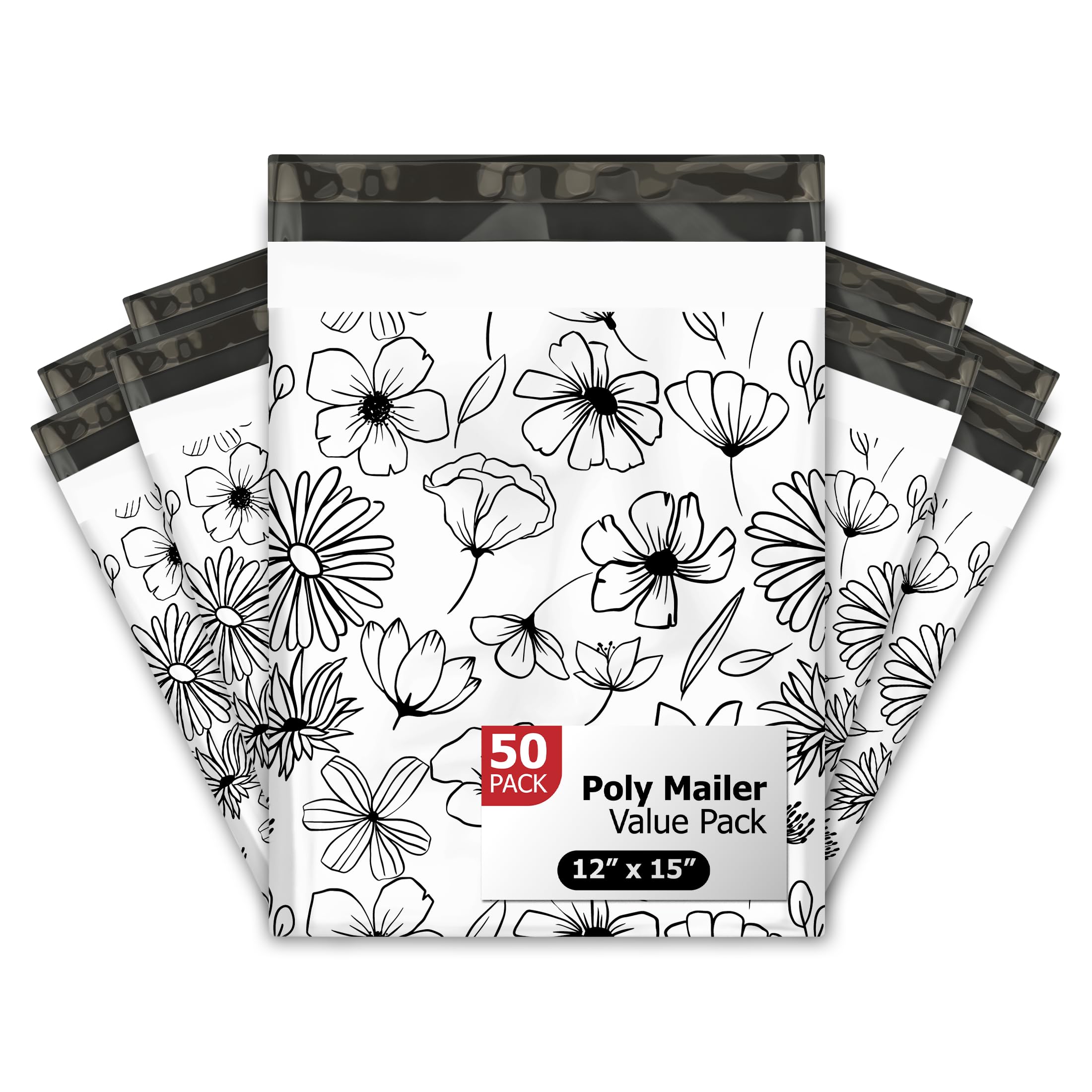 12x15 (50) Black and White Floral Summer Designer Poly Mailers Waterproof Self Sealing Tear Resistant Polymailers Shipping Envelopes Premium Printed