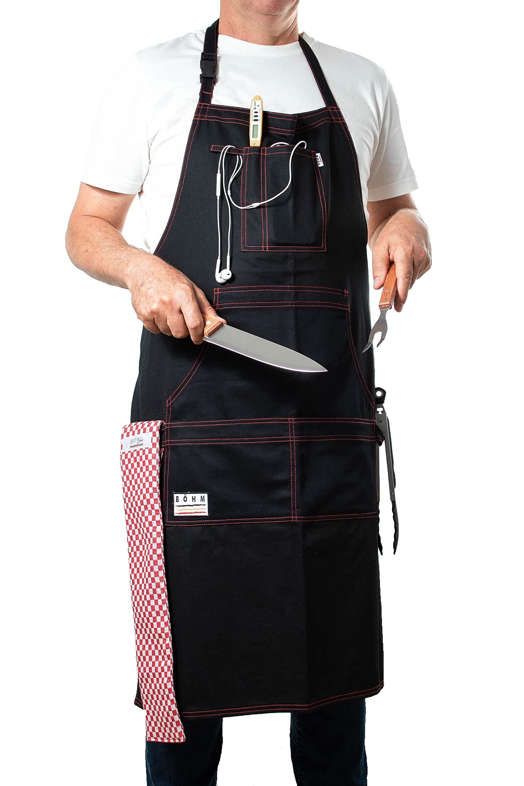 BÖHM Kitchen Apron for Men Women with Pockets Tool and Towel Loops Adjustable Durable Comfortable Double Stitched Cotton Incl. a heat resistant Pot/Pan Towel for handling Hot items