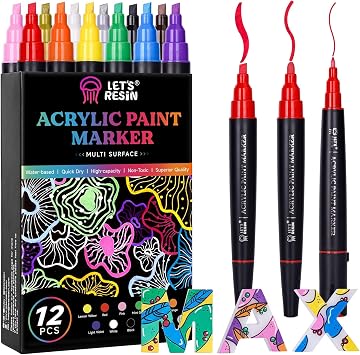 LETS RESIN 12 Colors Acrylic Paint Markers, 3 Tips Multi-Purpose & High-Capacity Acrylic Paint Pens, Perfect Resin Supplies for Resin Crafts, Rock, Stone, Canvas, Glass, DIY Making Art Supplies