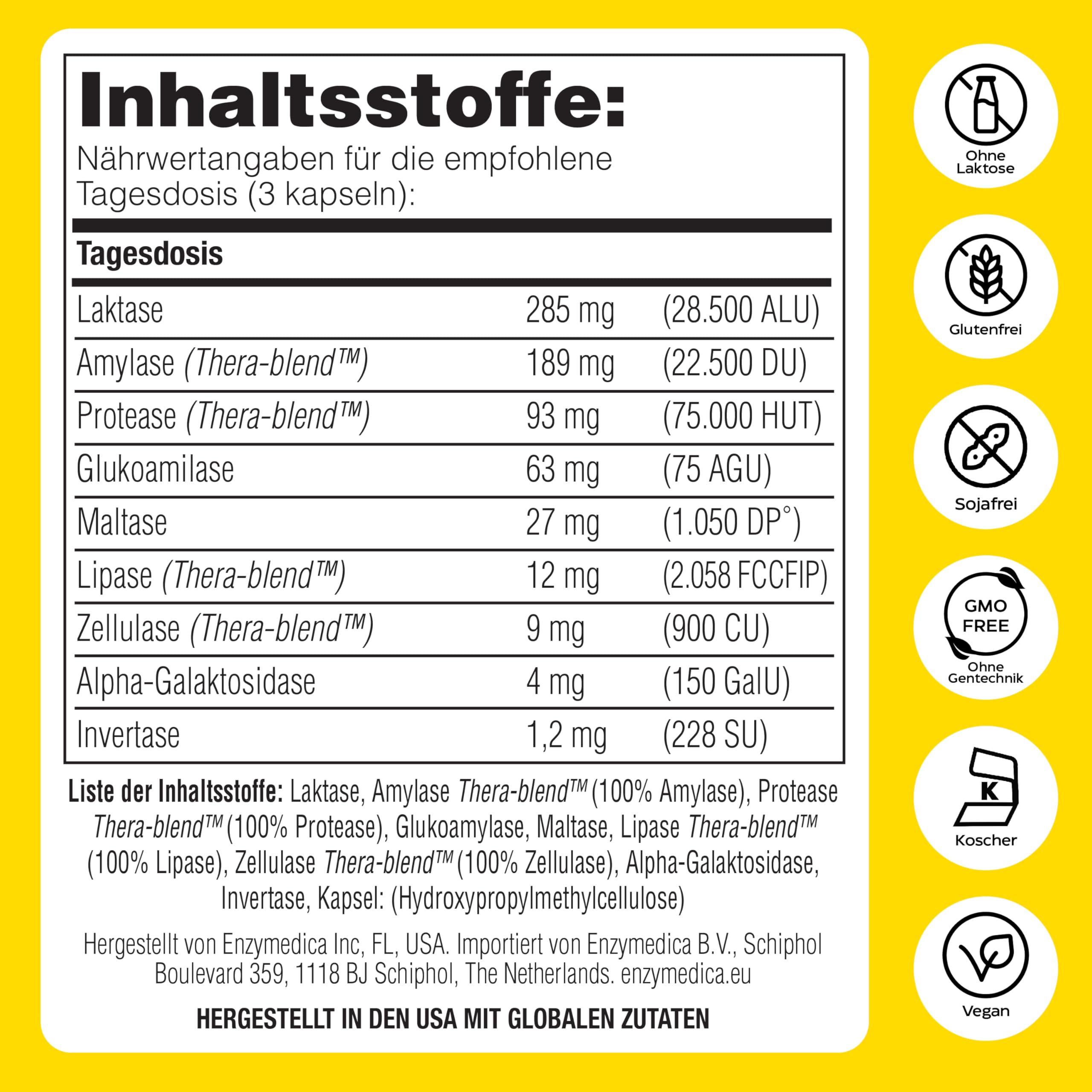 Enzymedica - Lacto, schnell wirkende Enzymformel bei Laktose- und Kasein-Intoleranz, reduziert Gase und Blähungen, angezeigt gegen Kreuzkontamination, glutenfrei, milchfrei, vegan, 90 Kapseln
