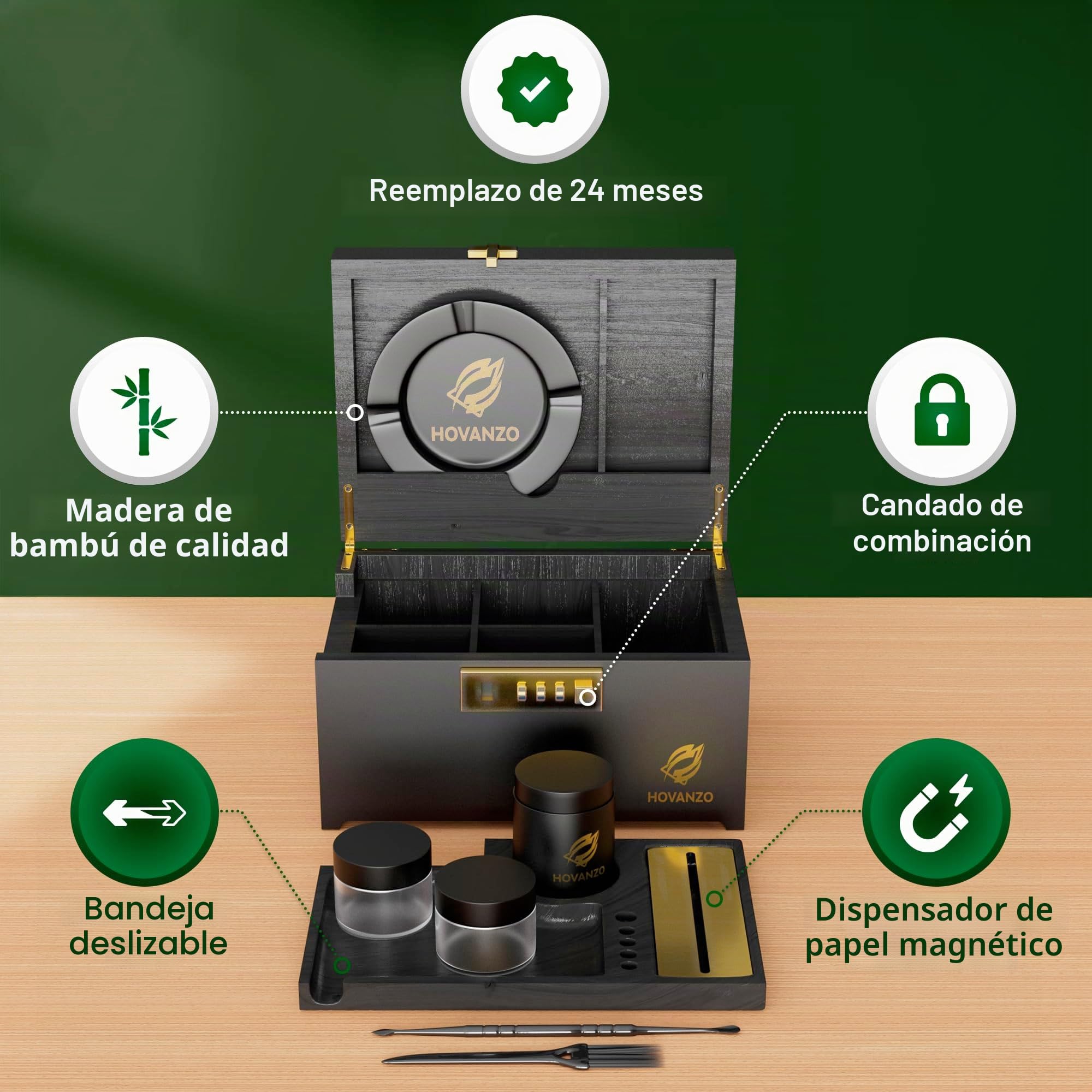 HOVANZO - Caja decorativa de bambú grande con cerradura de combinación, caja de almacenamiento con bandeja rodante, accesorios