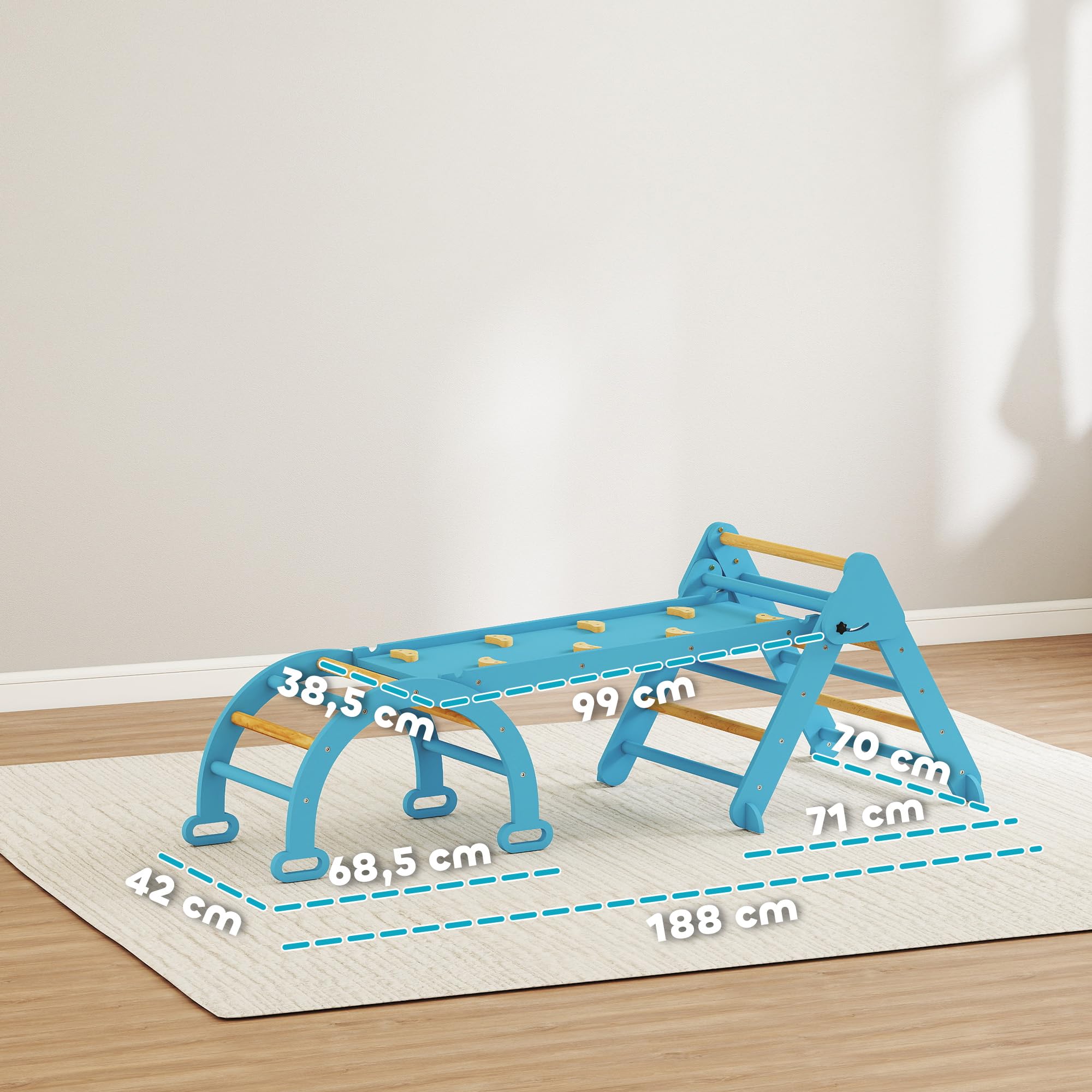 AIYAPLAY 7 en 1 Triángulo de Escalada Montessori con Arco y Rampa, Escalada para Niños de Madera Plegable, para 18-48 Meses, para Deslizarse o Escalar, 188x70 cm, Azul