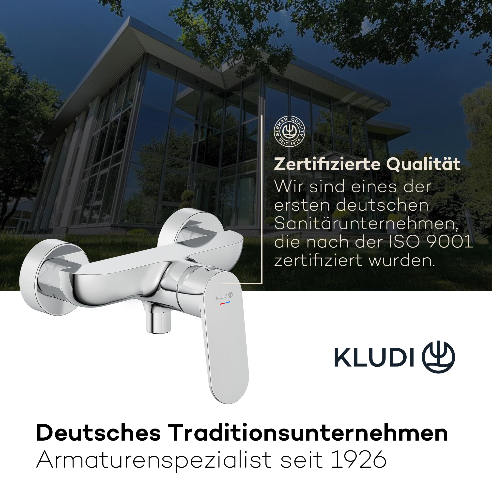 KLUDI - Grifo de ducha X1 para 1 consumidor, montaje en pared con conectores S, mezclador monomando con cartucho de cerámica de alta calidad, grifo mezclador de ducha en cromo