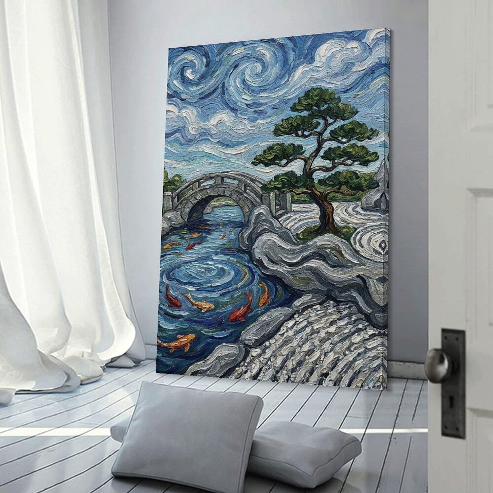 Junmoney Canvas Wall Picture Japanese Garden with Bridge And Koi, 24x36inch(60x90cm), for Bedroom Decor, Cosy Corners Or Studios, A Warm Accent for Relaxed Interiors