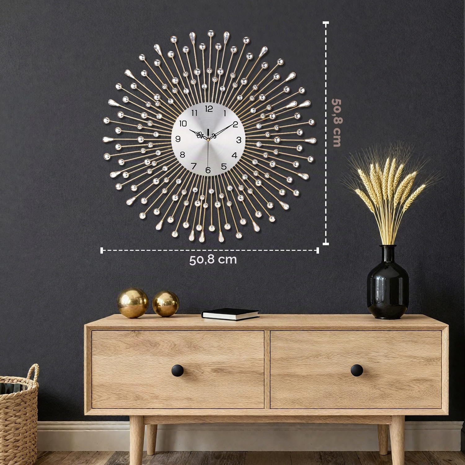 Große Wanduhr, dekorativ mit funkelnden Kristallen, batteriebetrieben, Moderne Eleganz, Metall-Wanduhren für Wohn- und Schlafzimmerdekoration, Exquisite Küchenuhr, 20 Zoll