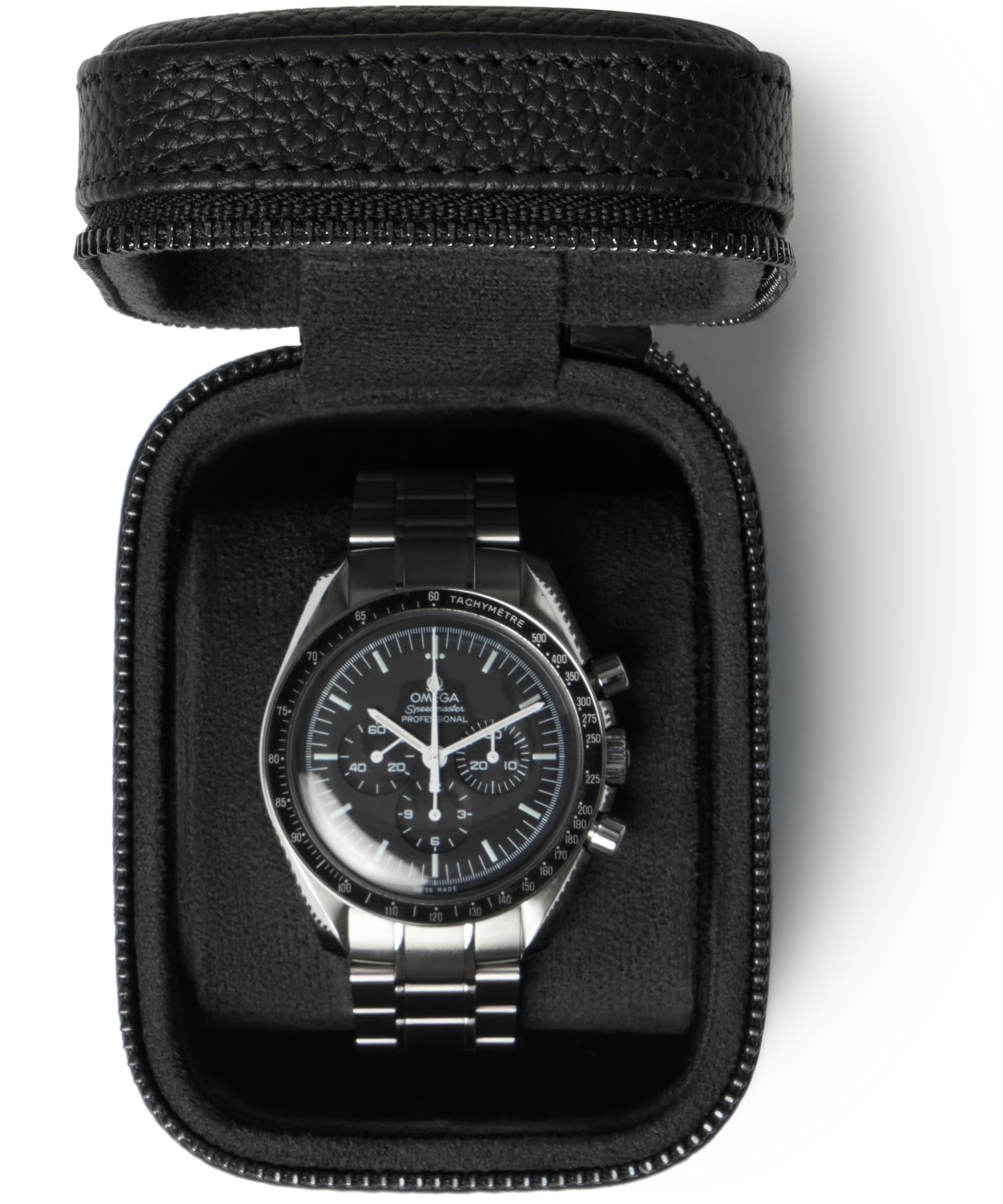 TAWBURY Custodia Singola per Orologio - Custodia da Viaggio in Vera Pelle di Prima Qualità per Uomo e Donna con Cerniera in Metallo e Cuscino Extra Largo per Orologi Grandi, nero, X-Small, Moderno