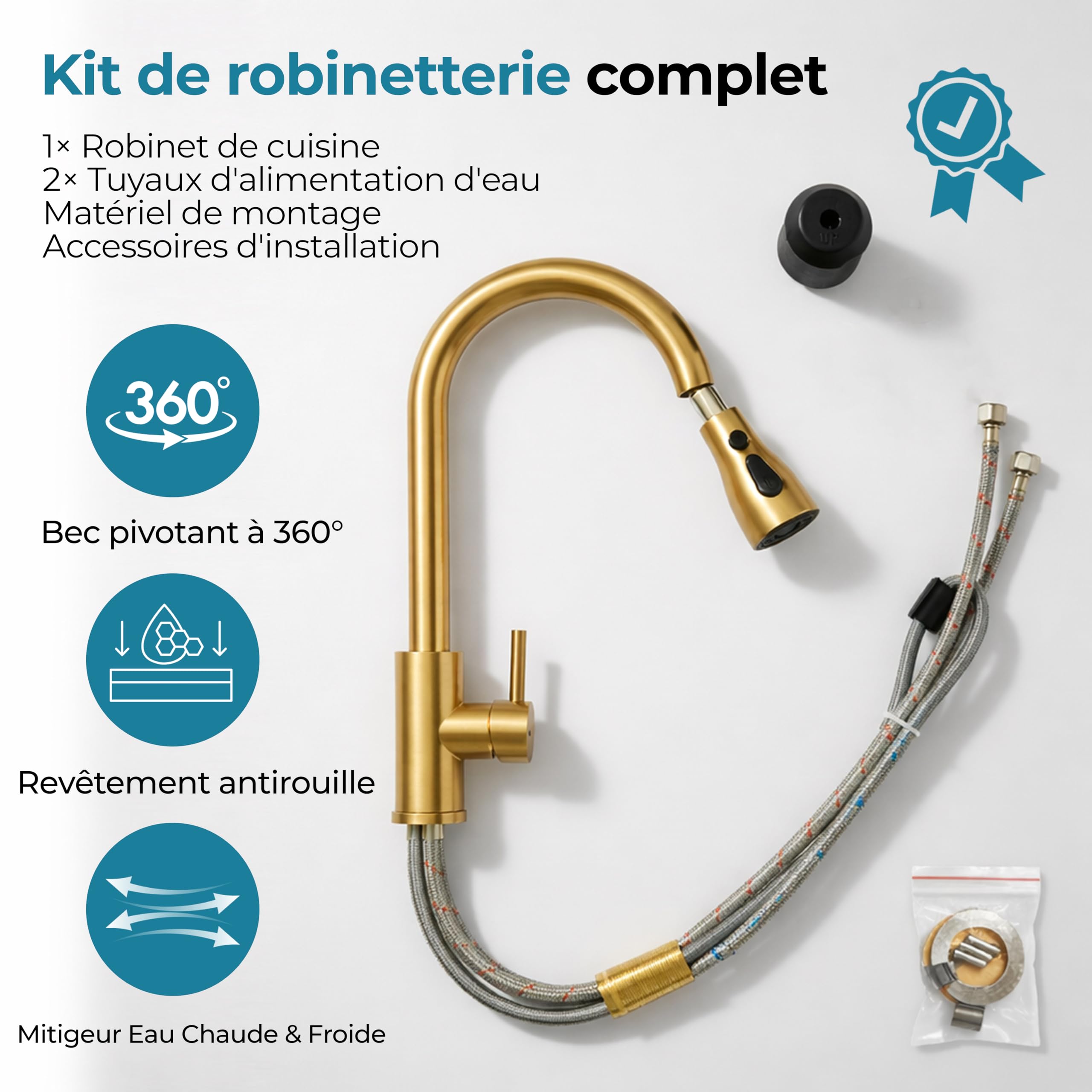 MELTA.® Robinet Cuisine Or Brossé Douchette Extractible Pivotant 360° – Mitigeur Cuisine Évier Arc Élevé en Acier Inoxydable, Robinet Flexible avec 3 Modes Jet, Tête Pulvérisation Extractible