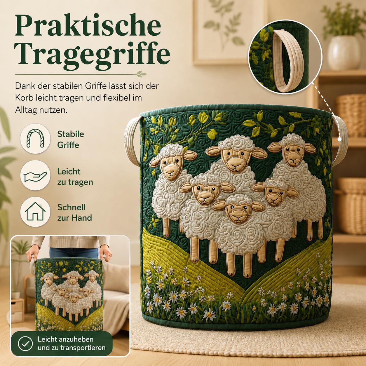 Wäschekorb Schäfchenwelt, Boho Stoff-Aufbewahrungskörbe, Soft Fabric Storage Basket für Schlafzimmer, Badezimmer, Kinderzimmer (B,L)