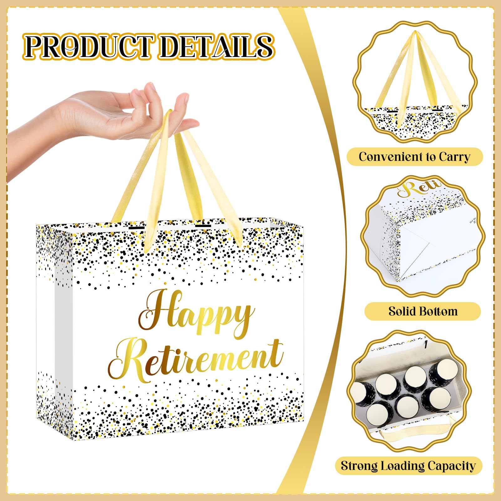 Woosytoo Retirement Gift Bag for Men Women, White Gold Happy Retirement Gift Bag with Card and Tissue Paper for Office Coworker Going Away Farewell Party Gifts Wrapping Supplies