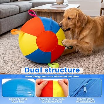 Dog Herding Ball 45cm, Giant Interactive Dog Ball with Handle Cover & Pump, Large Inflatable Calming Toy for Training, Exercise & Play, Blue & Yellow High Visibility Design(Colorful)