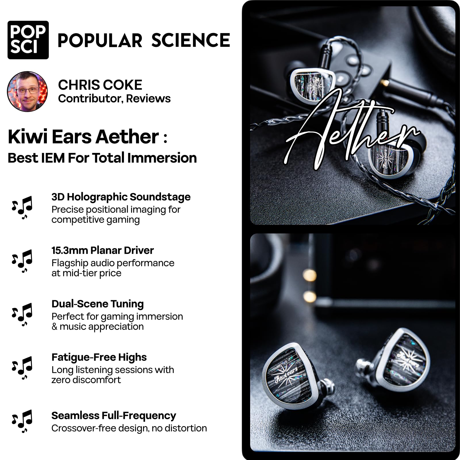 Linsoul Kiwi Ears Aether in Ear Monitor, Écouteurs à Pilote Planaire Large de 15,3mm, Écouteur Filaire HiFi de Jeu avec Câble Détachable à 2 pin pour Musiciens Professionnels, Audiophiles et Joueurs