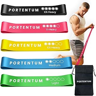 PORTENTUM elastici fitness, set di 5 fasce elastico fitness. Comoda e resistente bande elastiche fitness. Fascia elastica fitness, elastici palestra