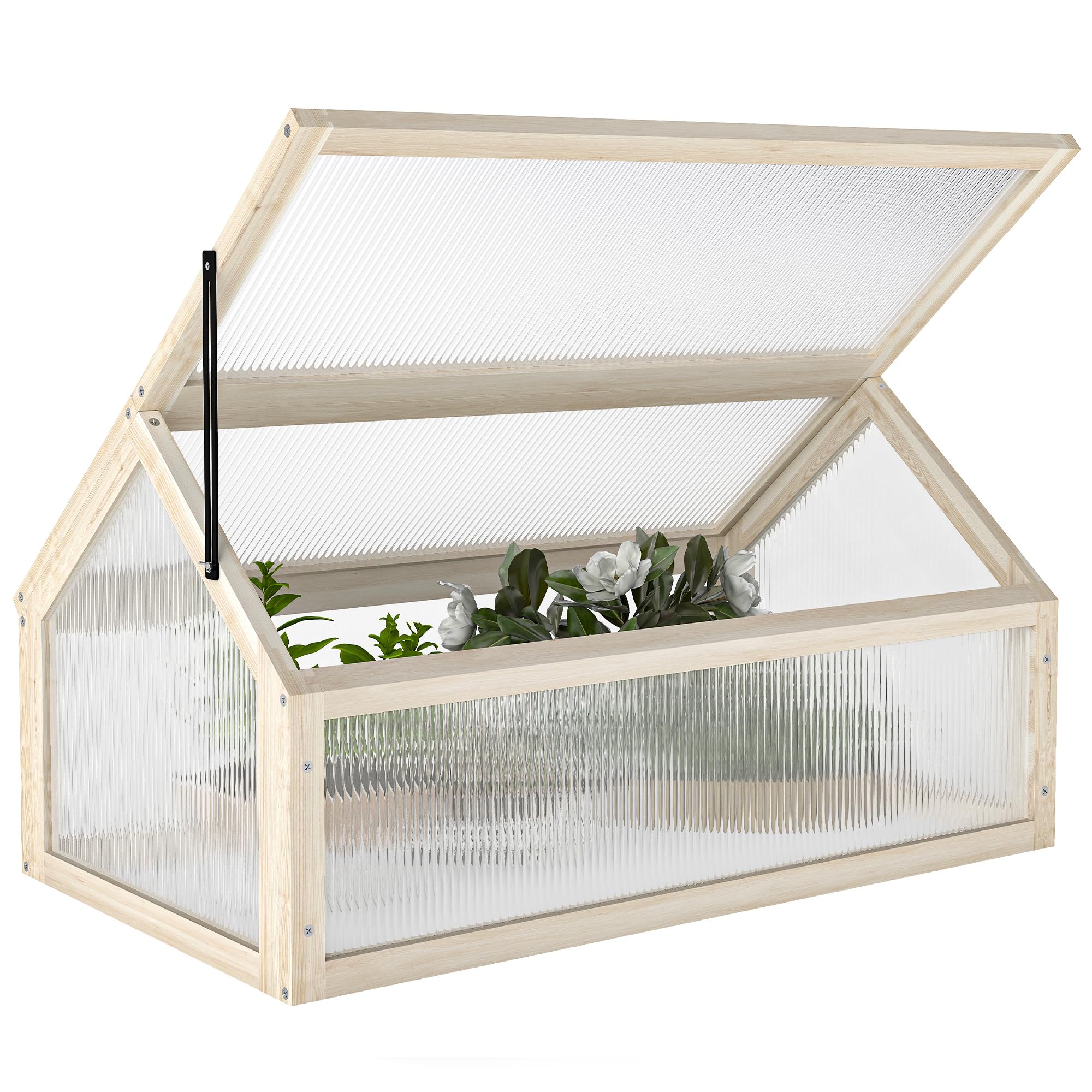 Outsunny Wooden Cold Frame Garden Polycarbonate Greenhouse with Openable Top Cover, Grow House for Flowers, Vegetables, Plants, 90 x 52 x 50cm, Natural