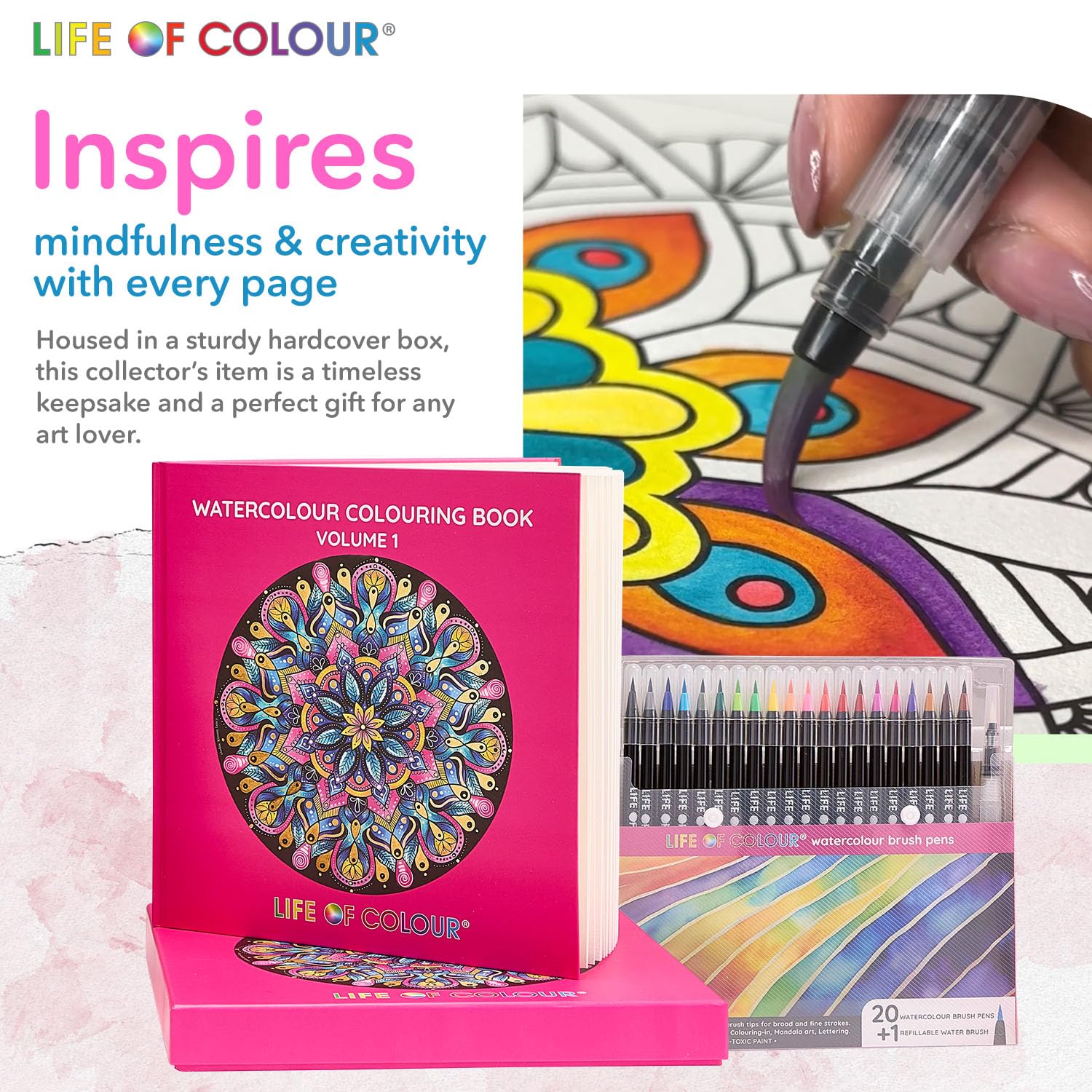 Life of Colour Aquarell-Malbuch – Band 1, inklusive 20 Aquarell-Pinselstiften + nachfüllbarem Wasserpinsel – Aquarellfarben-Set für Erwachsene und Jugendliche, achtsame Kunst und Aquarell-Malbuch-Set