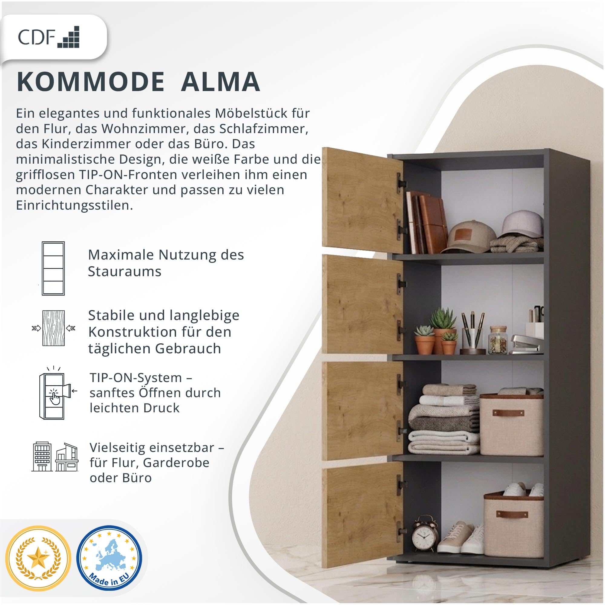 CDF Kommode Mehrzweckschrank 4 Türen Highboard Allzweckschrank Hochkommode Flurschrank für Wohnzimmer Büro Flur Schlafzimmer Aktenschrank Anthrazit/Eiche Artisan Regalschrank 16 mm Platte 40x50x119 cm