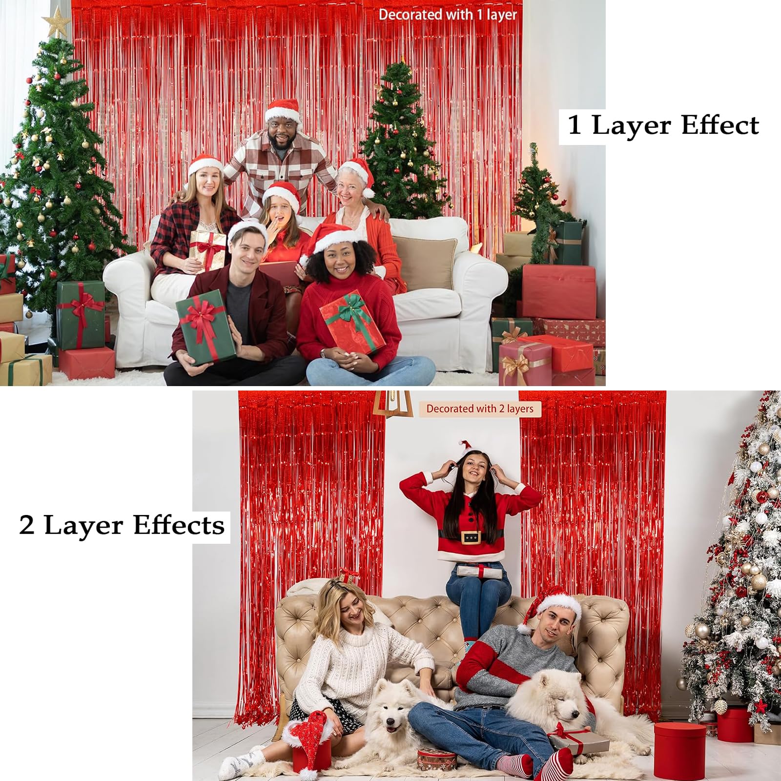 Slmeno 4 Pack Red Tinsel Foil Fringe Curtains Backdrop, Red Metallic Fringe Backdrop Curtains Glitter Party Streamers, for Birthday Valentines New Year Holiday Party Decorations