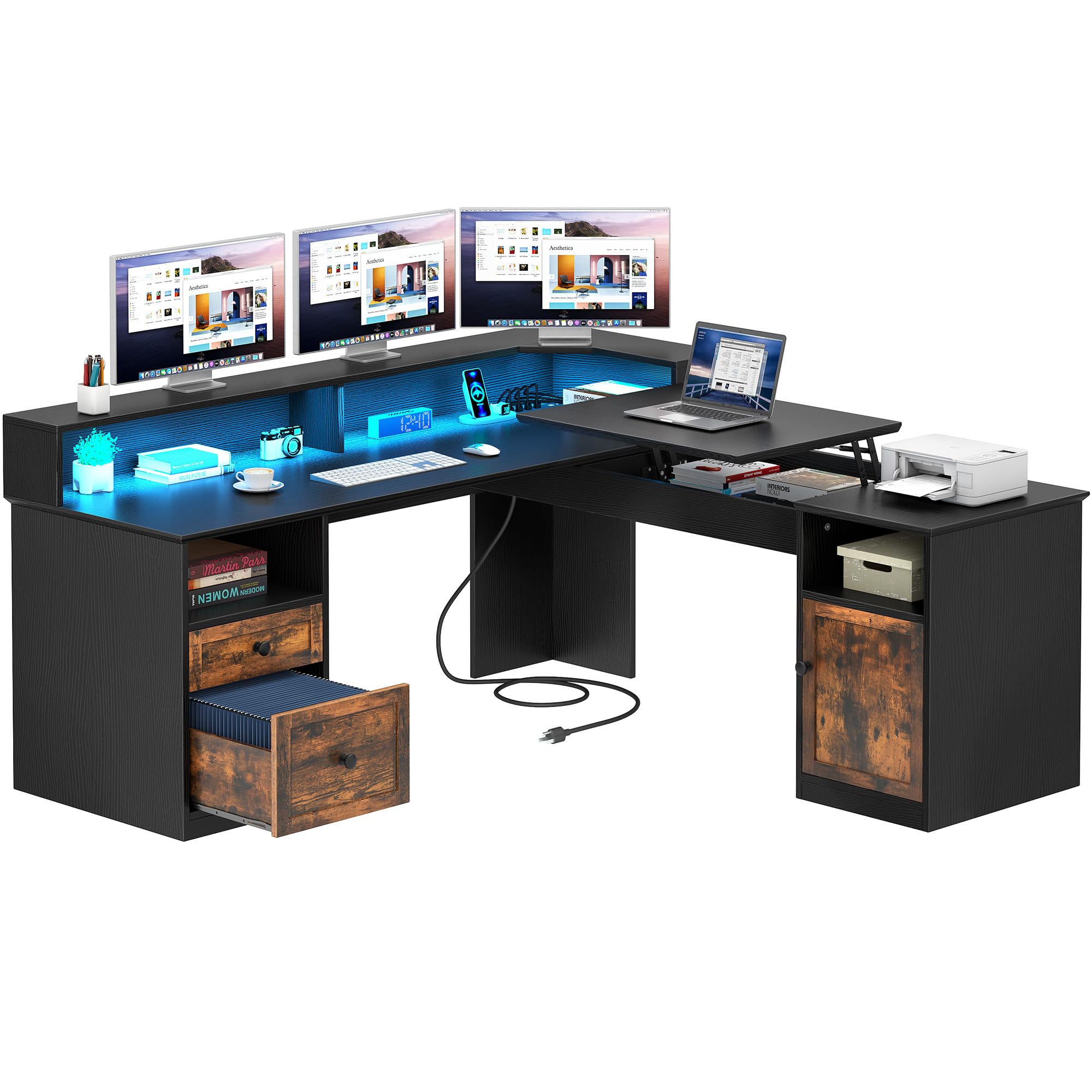 Photo 1 of **READ NOTES ***YITAHOME L Shaped Desk with Power Outlets & LED Lights, 60” Computer Desk with Drawers & Lift Top, Home Office Desk with Monitor Stand, Height Adjustable Desk with File Cabinet, Black & Brown