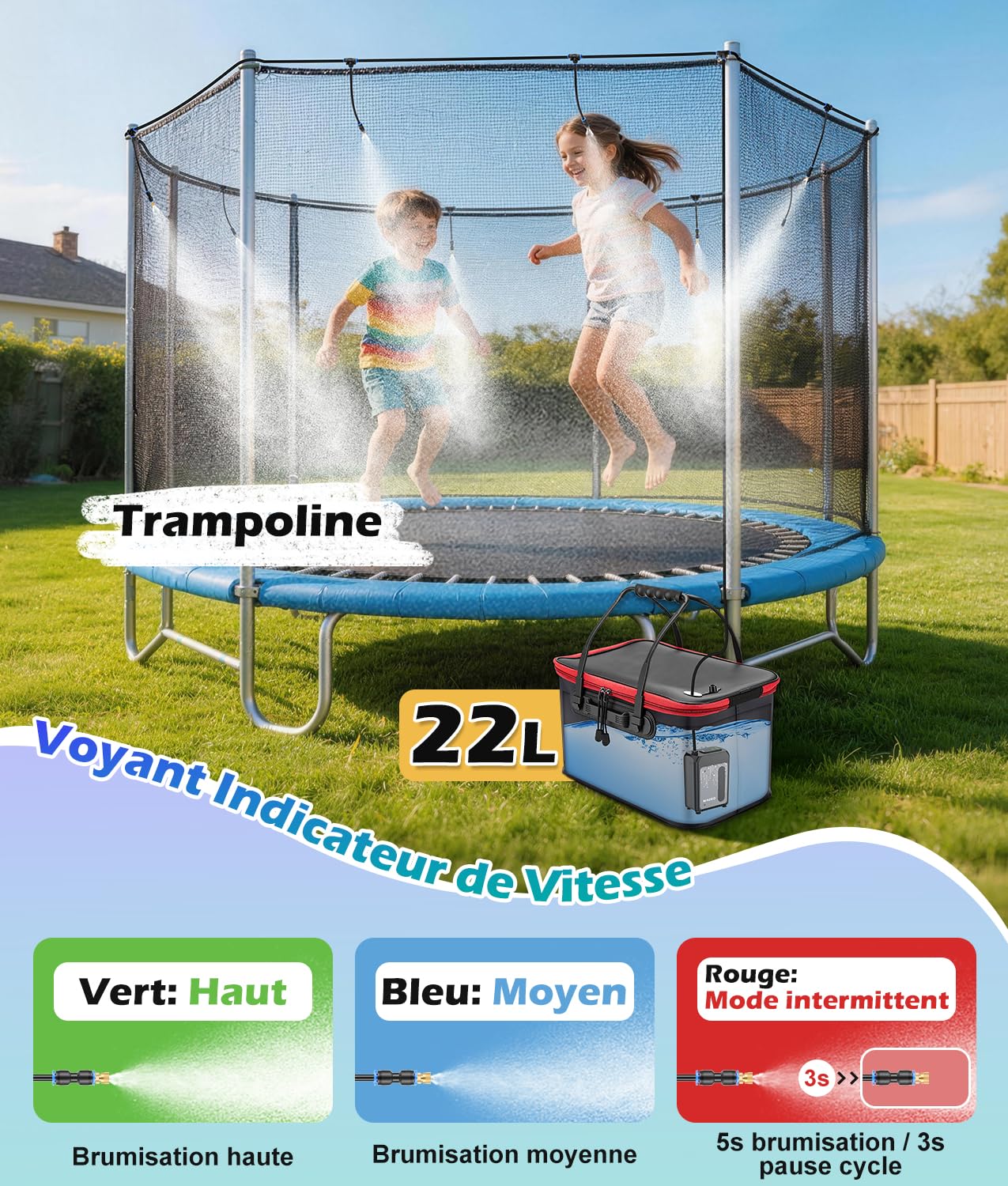 WADEO Système de Brumisation Portable, Système de Refroidissement Extérieur avec Pompe Rechargeable 6000mAh, Tuyau 8M et 8 Buses en Laiton, Brumisateur pour Camping, Terrasse, Jardin et Sport