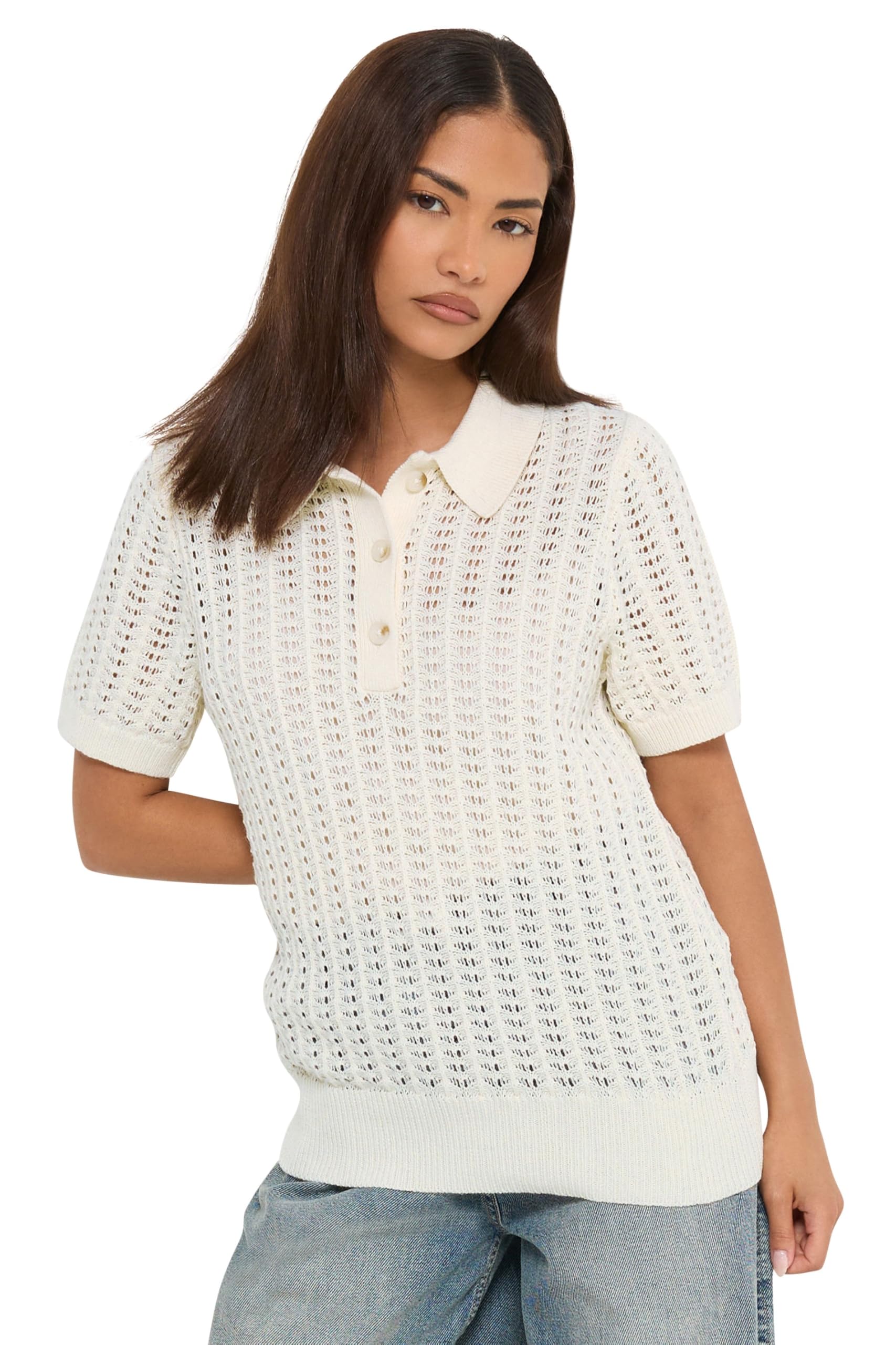Pixiegirl Women's Ivory Petite Crochet Polo Top In | Size: 10/12