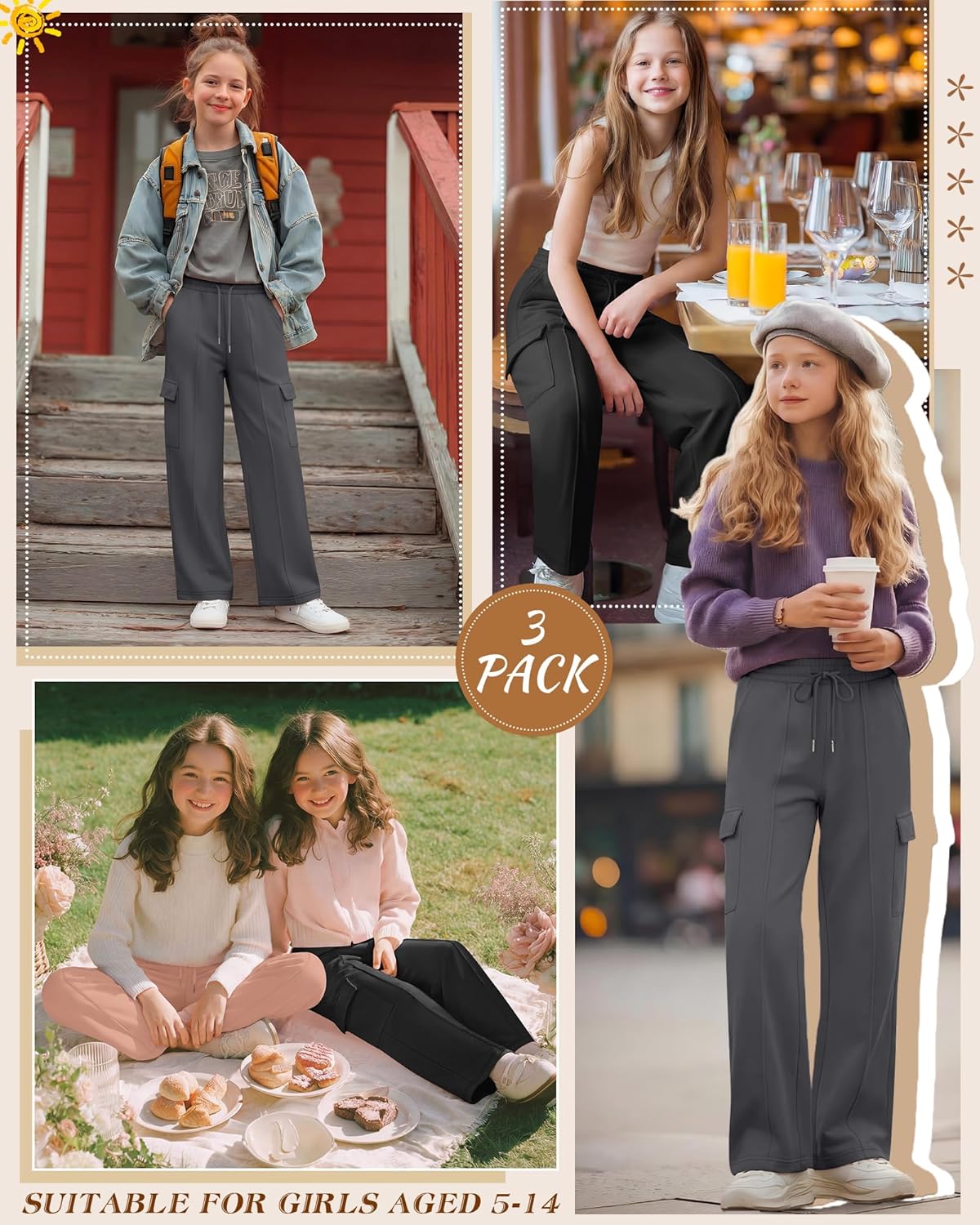 3 Pack Girls Cargo Sweatpants 5-14Y Wide Leg High Waisted Kids Baggy Drawstring Athletic Pants with 4 Pockets