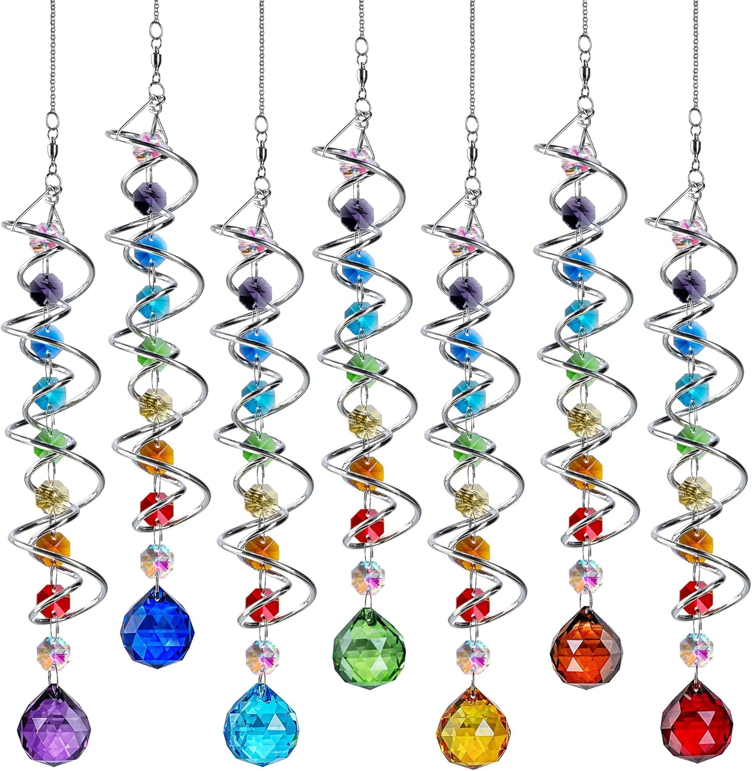 7 Chakra Crystal Sun Catcher Hanging Ornaments with 20mm Rainbow Beads for Window Garden Indoor Home Decor