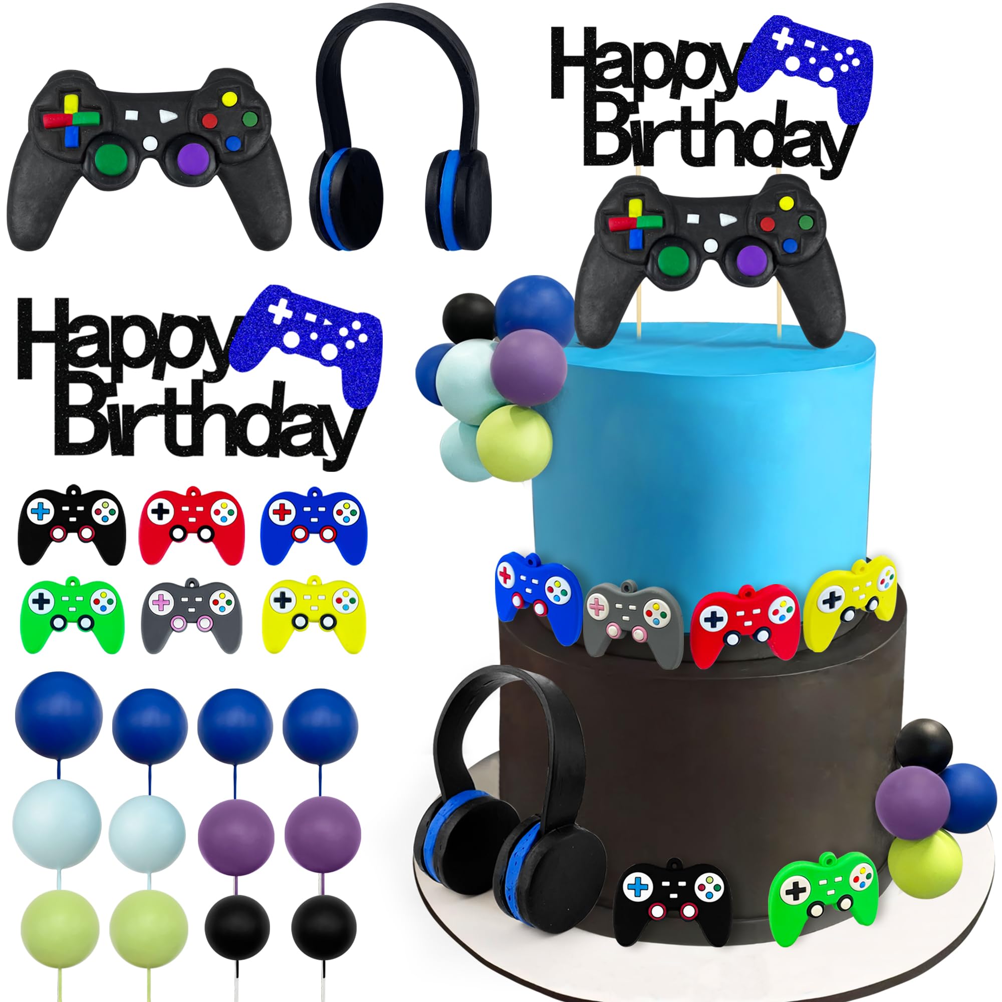 21 PCS Video Game Birthday Cake Toppers Controller Headset Ball Cake Decoration for Video Game Theme Birthday Party Supplies