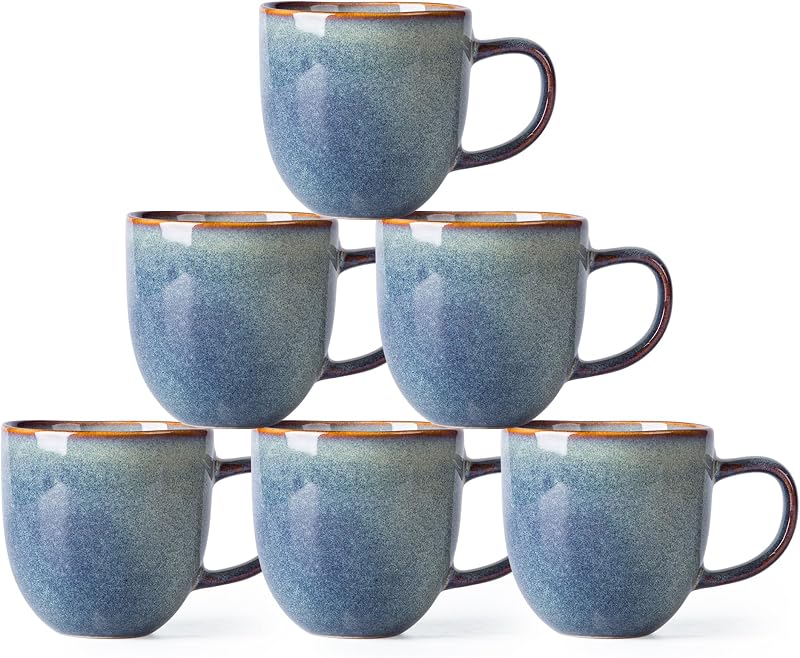 AmorArc Tazas de café de cerámica de 12 oz, juego de 6 para hombre, mujer, papá, mamá, tazas de café modernas con asa para café con leche/capuchino/leche/cacao. Apto para lavavajillas y microondas, azul Ceilán