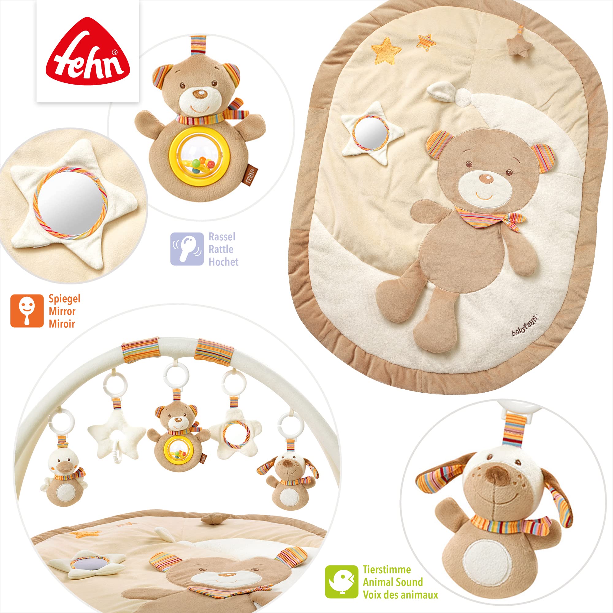 Fehn 3-D-Activity-Decke Spielbogen Rainbow – Baby Krabbeldecke mit 5 abnehmbaren Spielzeugen zum Greifen – Spieldecke für Babys und Kinder ab 0+ Monaten – Krabbelmatte als Geschenk zur Geburt