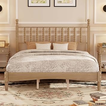Queen Size Bed Frame with Gourd Shaped Headboard, Retro Platform Beds Frames with Wooden Slat Support, Mattress Foundation, No Box Spring Needed, Easy Assembly Natural