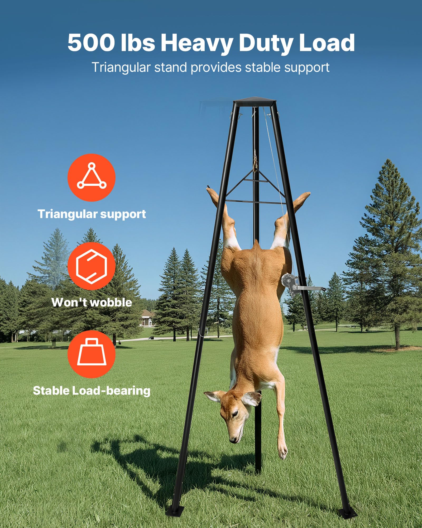 VEVOR Game Hoist, 227 kg Tragkraft, Jagd-Wildhebezeug mit Seilwinde und Gambrel, Wildaufhänger, Jagdspiel Zubehör zur Enthäutung und Reinigung von Jagdwild, 1300 x 1100 x 2750 mm, Schwarz