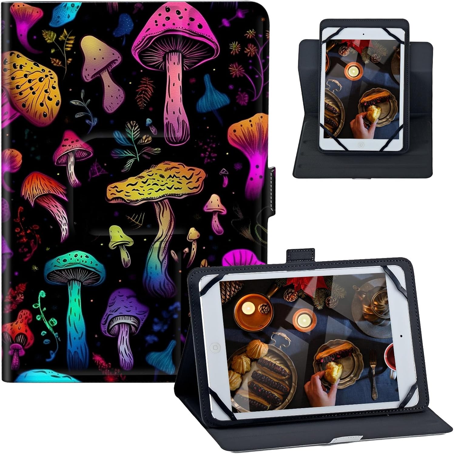 Universal Case for 10.5" 11" 11.5" Tablet, PU Leather 360 Degree Rotating Smart Protective Stand Cover with Adjustable Fixing Silicon Band Fit for iPad/Fire Max 11 Tablet, Color Mushroom