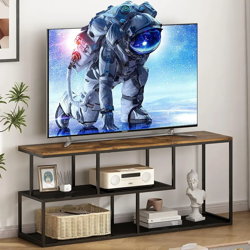 Rack para TV, Armário para TV Multifuncional com 3 Níveis de Prateleiras, Rack de Sala de Estar Resistente e Estável, Design Moderno Minimalista, Cor Marrom