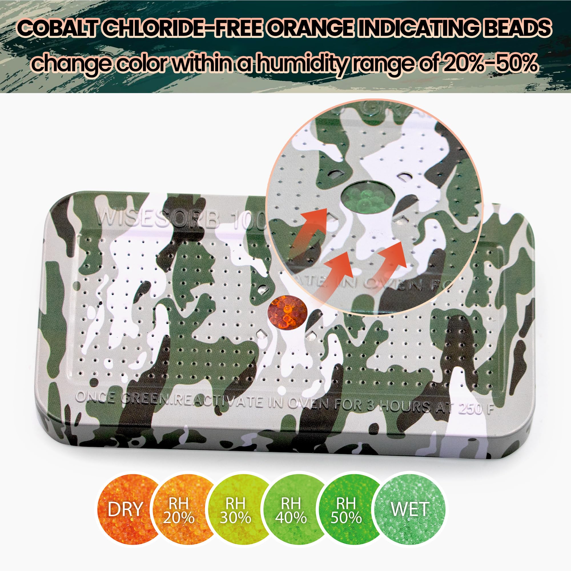 Wisesorb Deshumidificador seguro de pistola de camuflaje de 100 gramos, bote de gel de sílice, deshumidificador recargable, desecante, reutilizable, indicador, absorbente de humedad desecante con