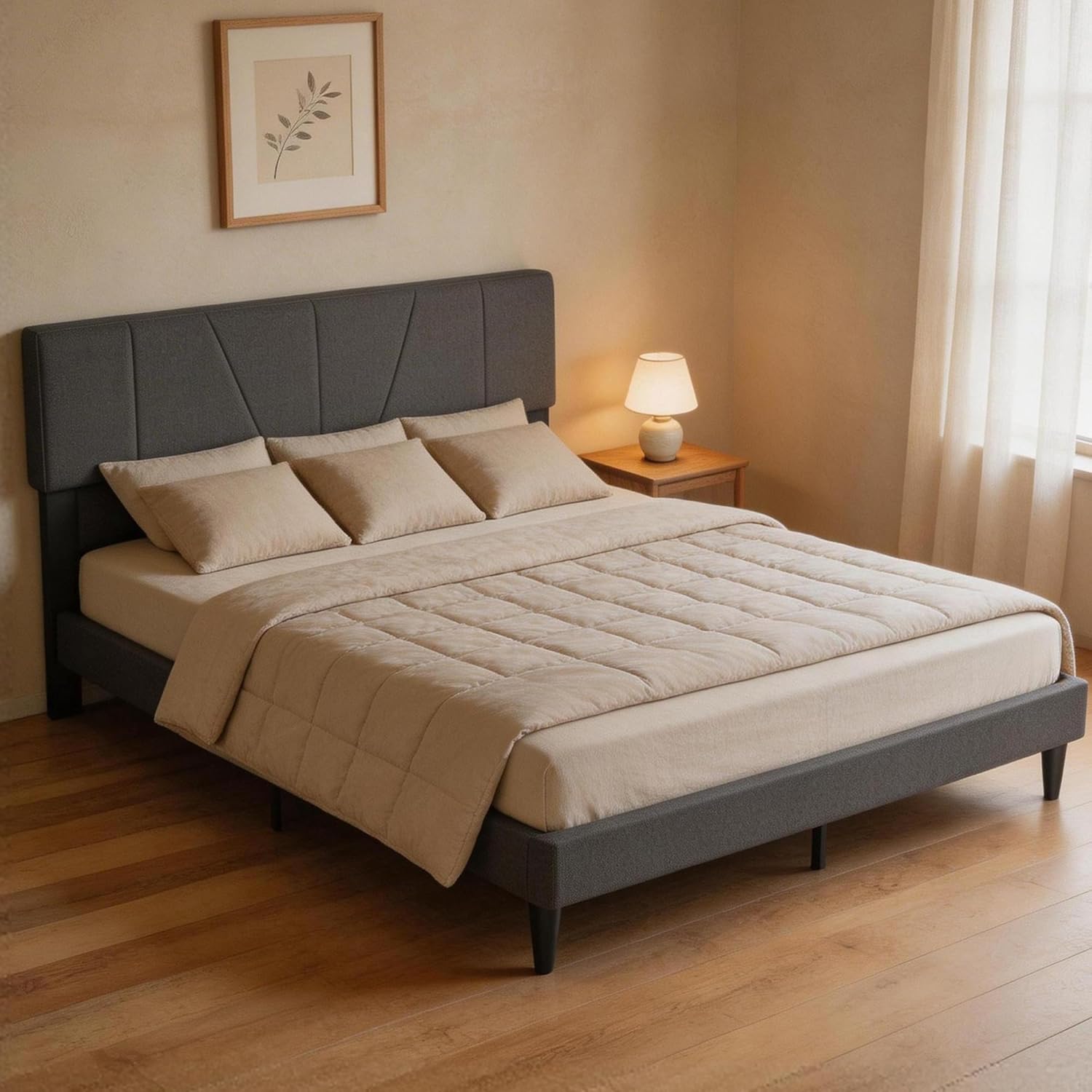 Queen Bed Frame with Adjustable Headboard, Platform Bed with 12 Thickened Legs for Bedroom, No Box Spring Needed, Easy Assembly Grey Bedroom Furniture with 1300 lbs Strong Weight Capacity